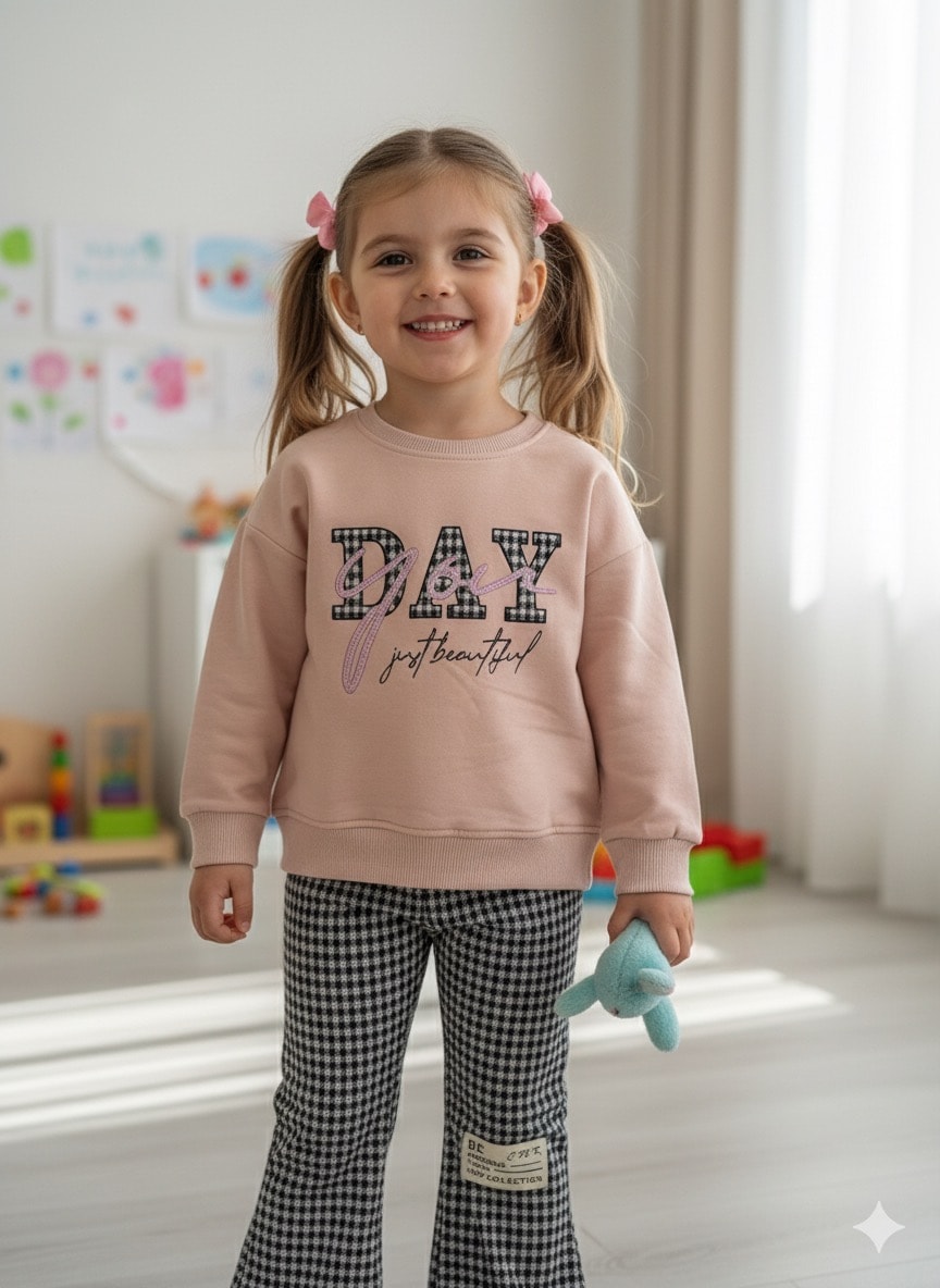 Kız Çocuk Pembe Day You Desenli Takım