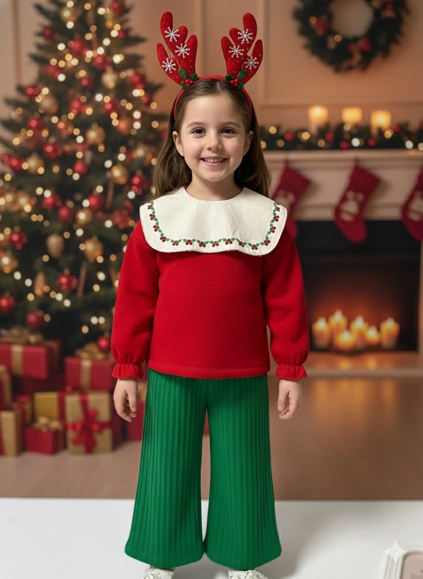 Kız Çocuk Kırmızı Yeşil Önlük Yaka Takım