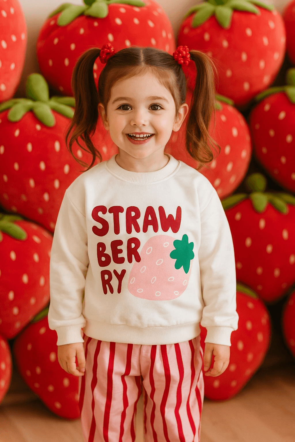 Kız Çocuk Pembe Çilekli Çizgili Takım