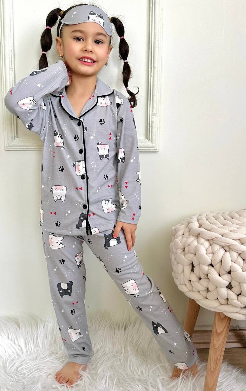 Kız Çocuk Kedi Desenli Uyku Bandı Hediyeli Pijama Takımı