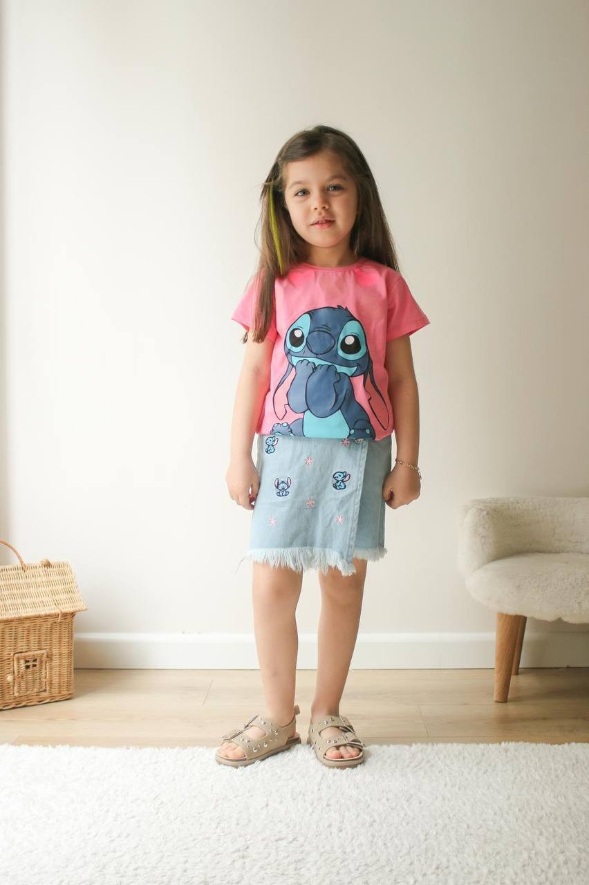 Kız Çocuk Fuşya Stitch Kot Şort Etek Takım