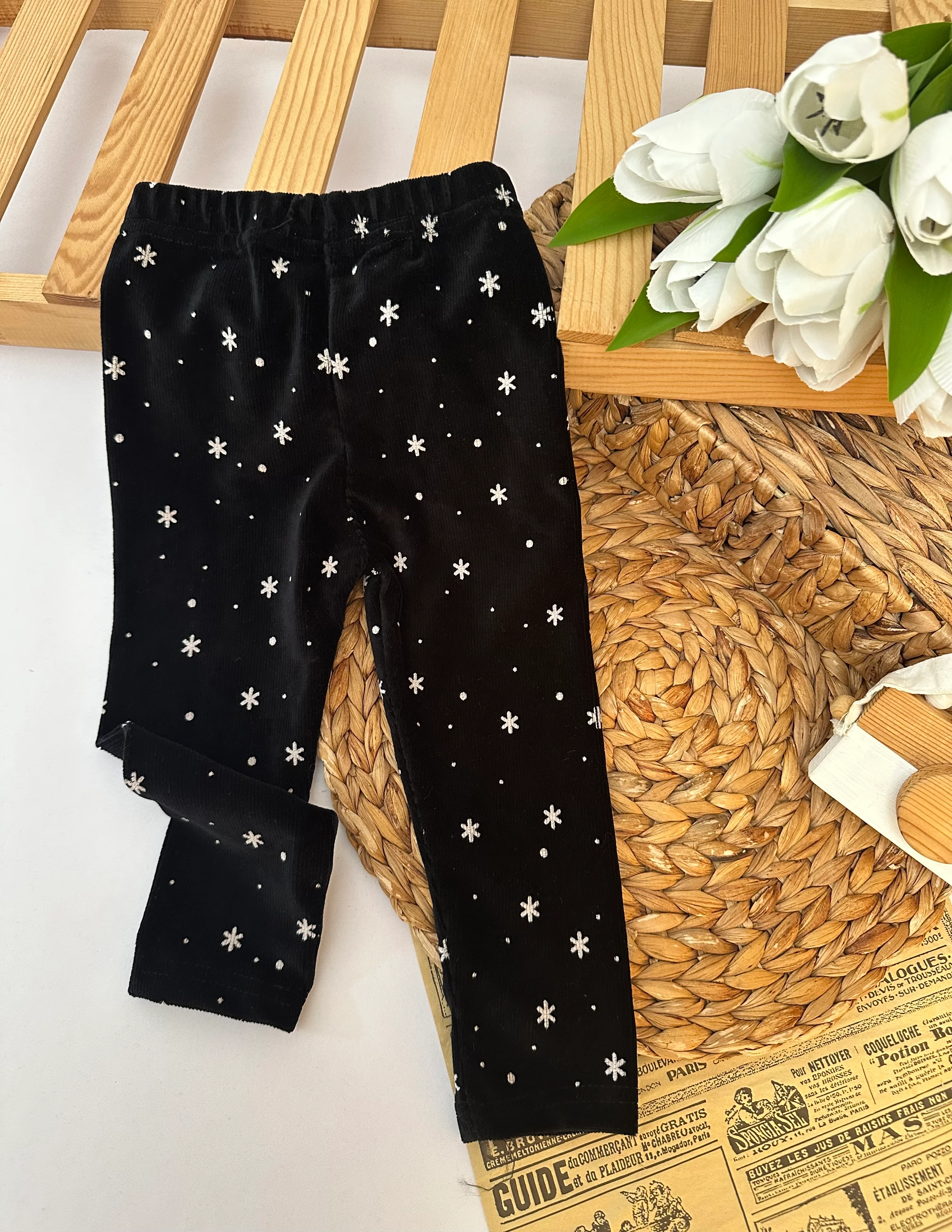 Kız Çocuk Siyah Kar Tanesi Kadife Tayt