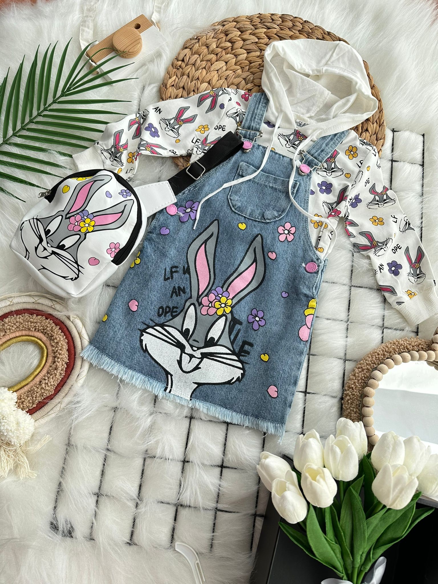 3'lü Set Bugs Bunny Kot Salopet Kız Çoçuk Takım