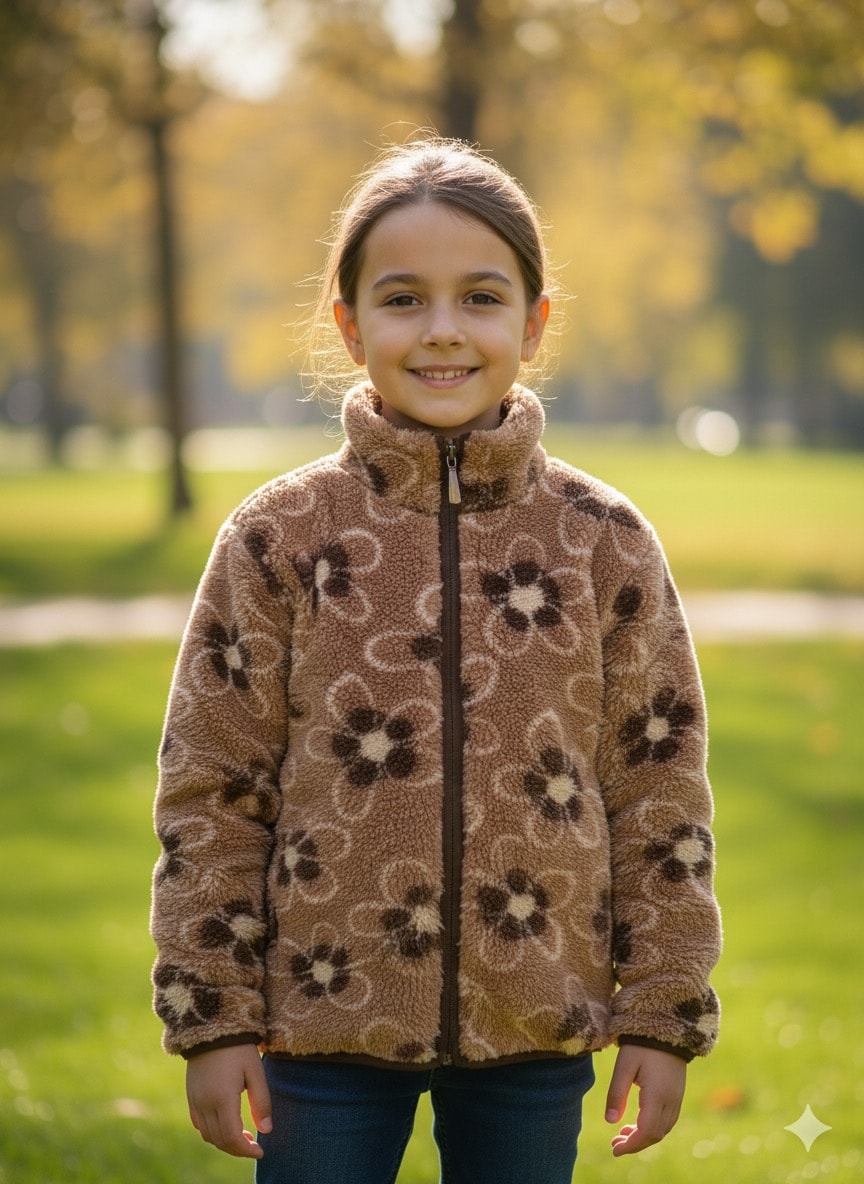 kız Çocuk Kahverengi Papatyalı Peluş Hırka