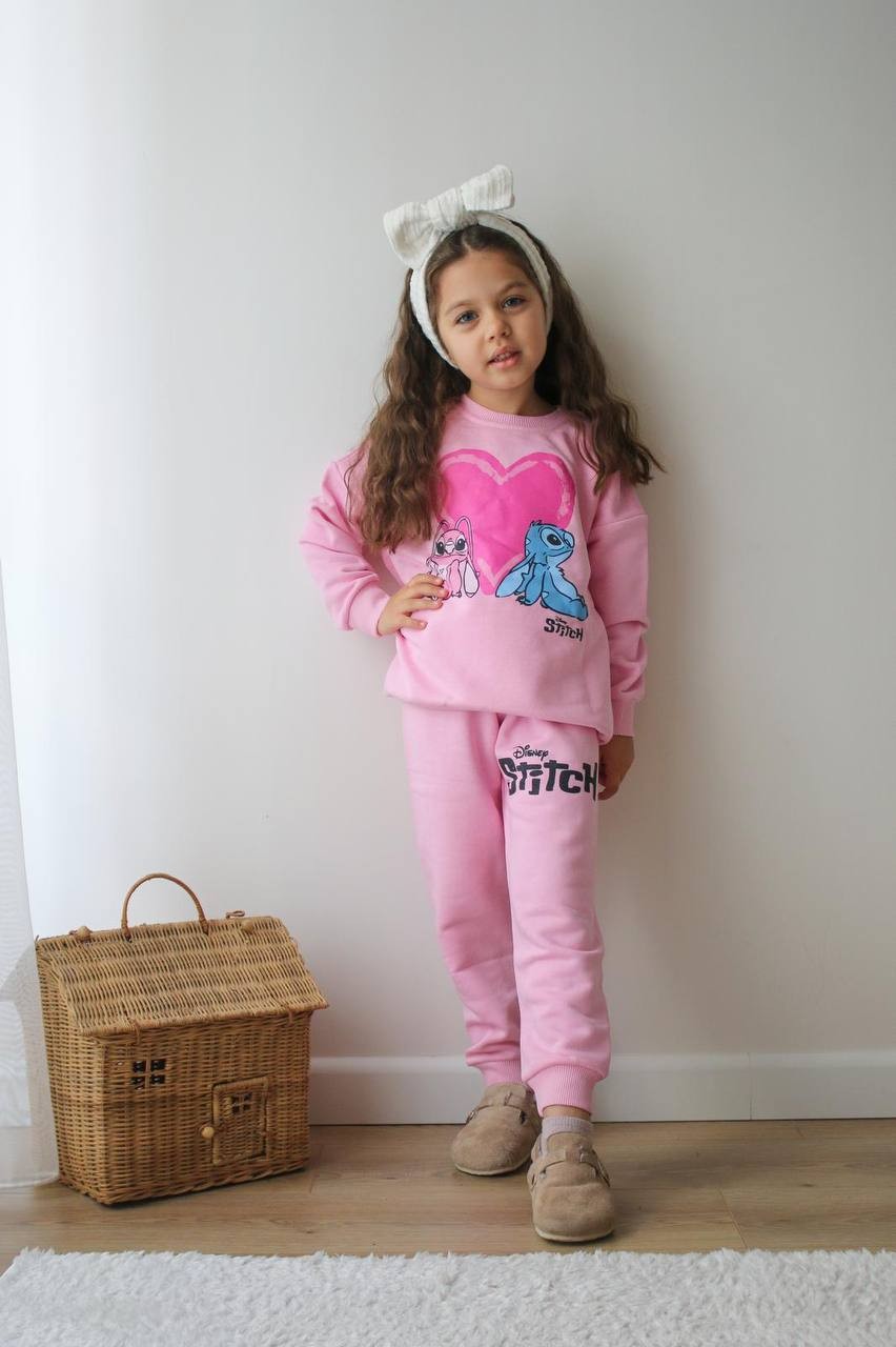 Kız Çocuk Pembe Kalpli Stitch Takım