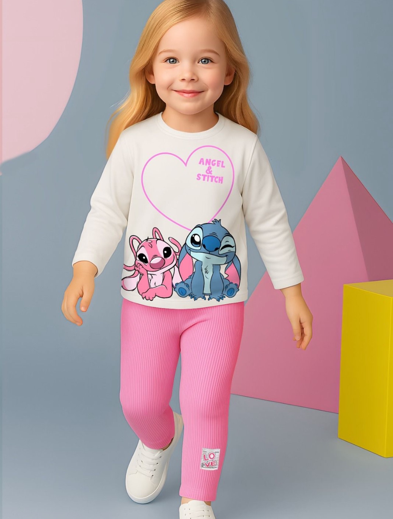 Kız Çocuk Pembe Angel&Stitch Taytlı Takım