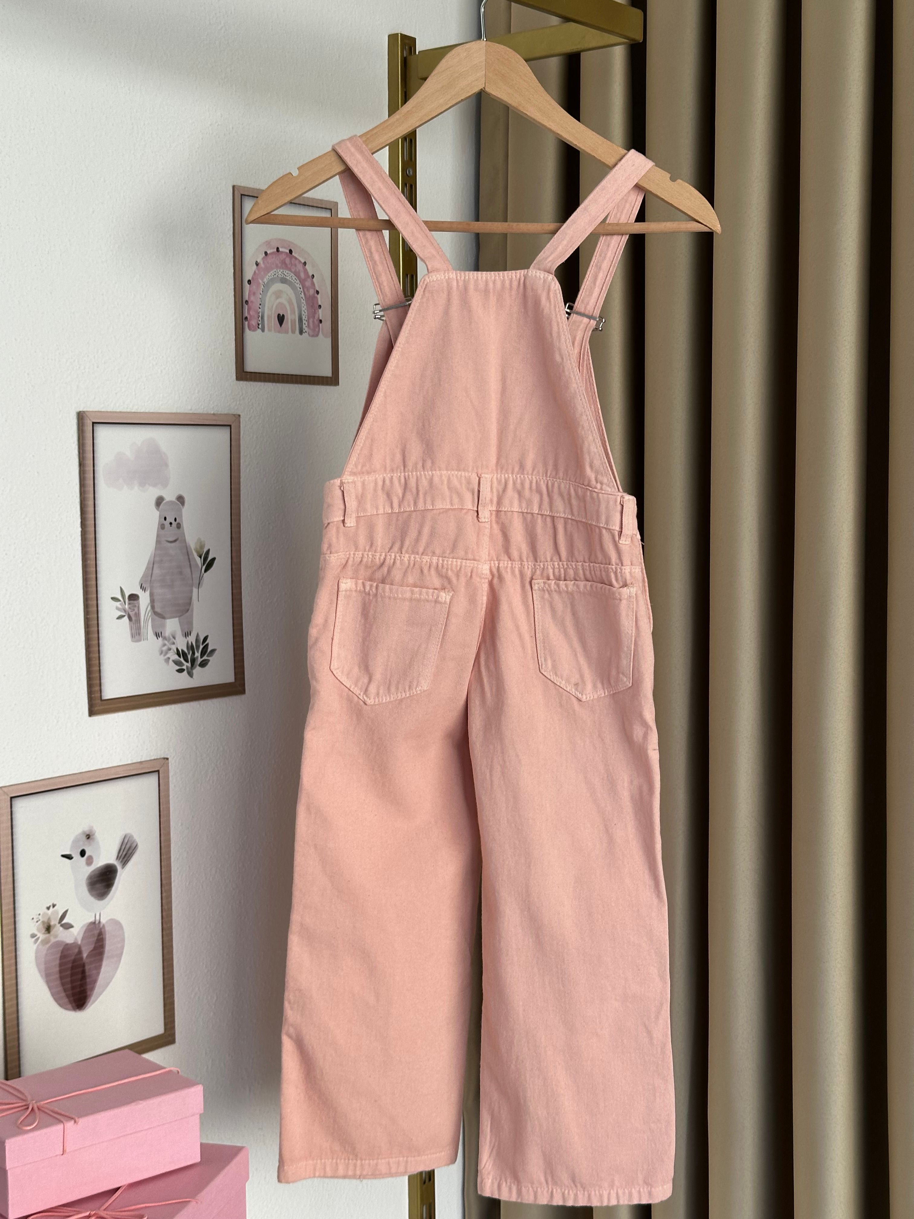 Kız Çocuk Pembe Yıldız Desenli Kot Salopet Tulum