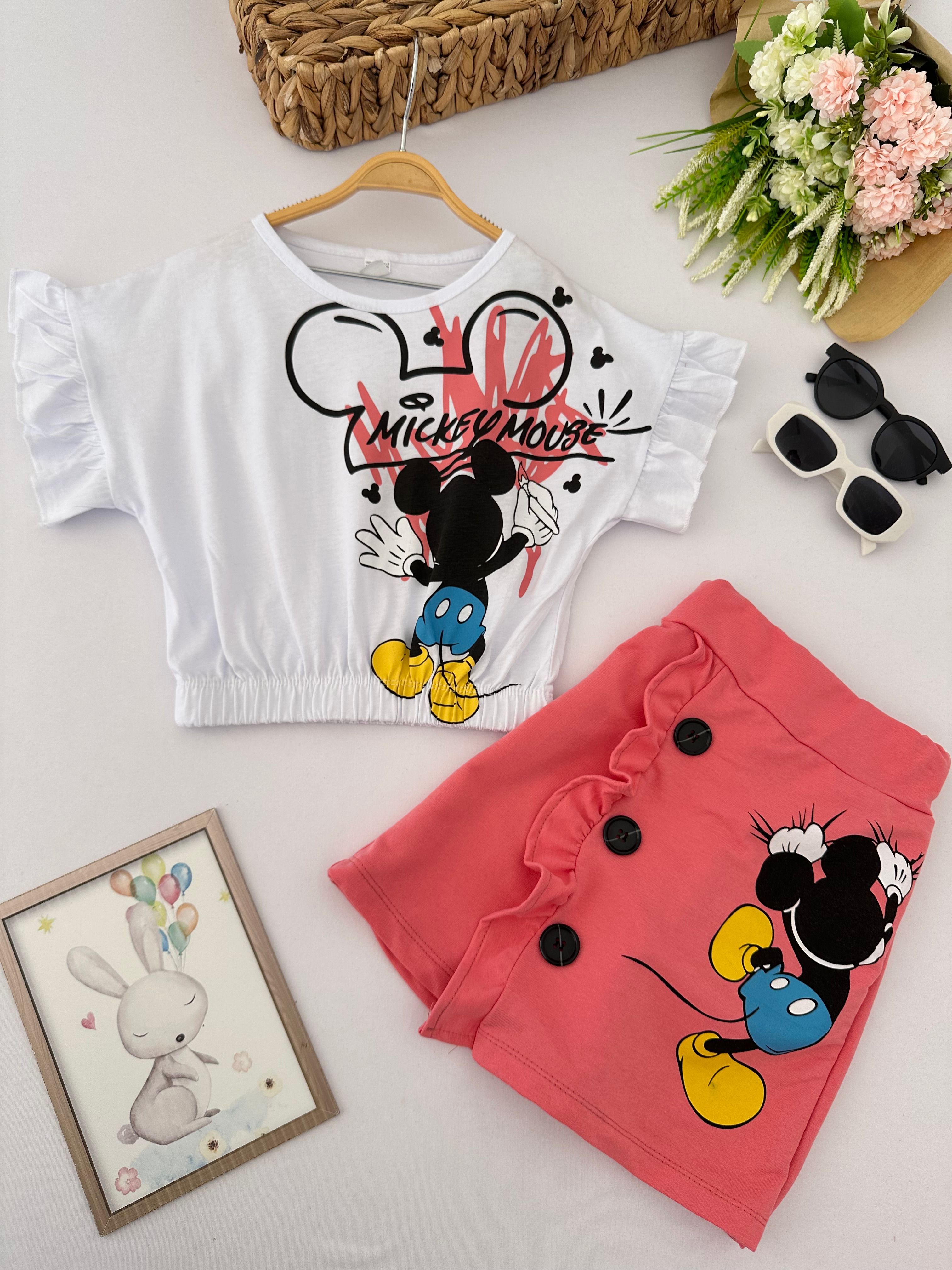 Kız Çocuk Somon Mickey Mouse Şort Etekli Crop Takım