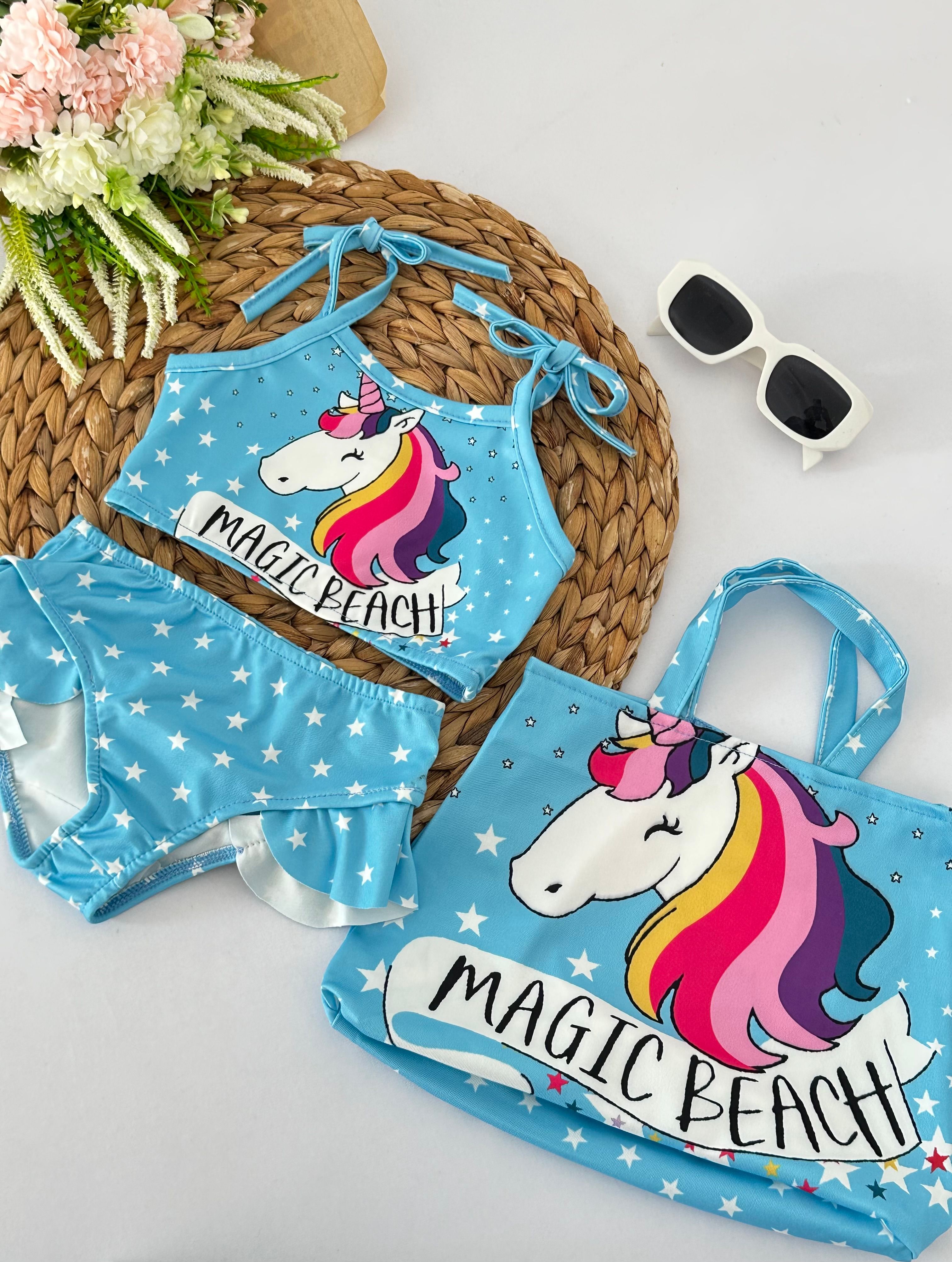 Kız Çocuk Mavi Unicorn Çantalı Bikini Takımı