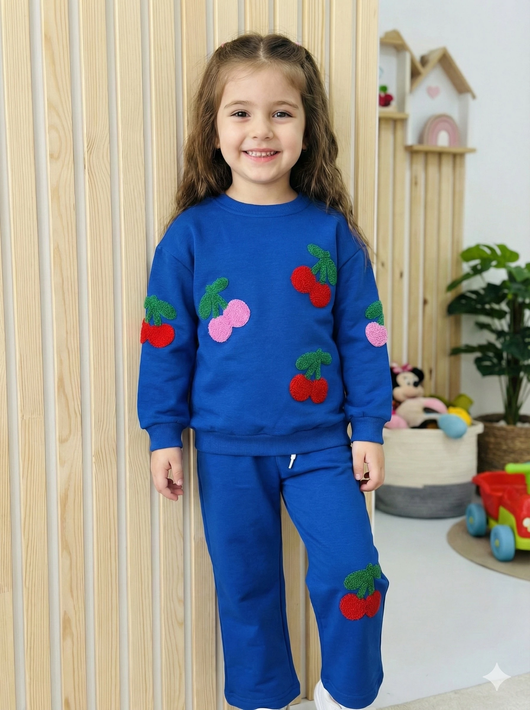 Kız Çocuk Saks Mavi Kiraz Nakışlı Takım
