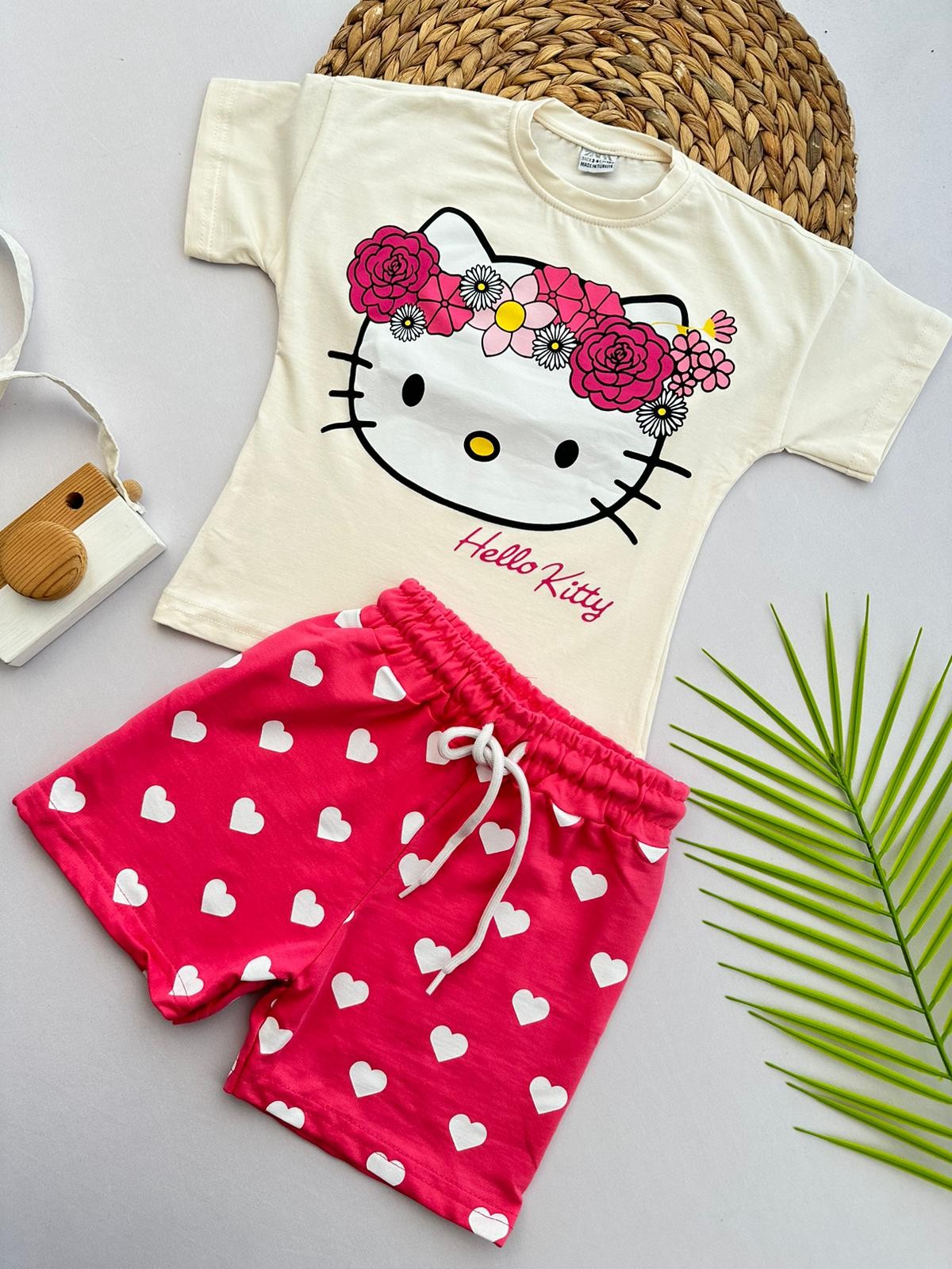 Kız Çocuk Ekru-Fuşya Hello Kitty Şortlu Takım