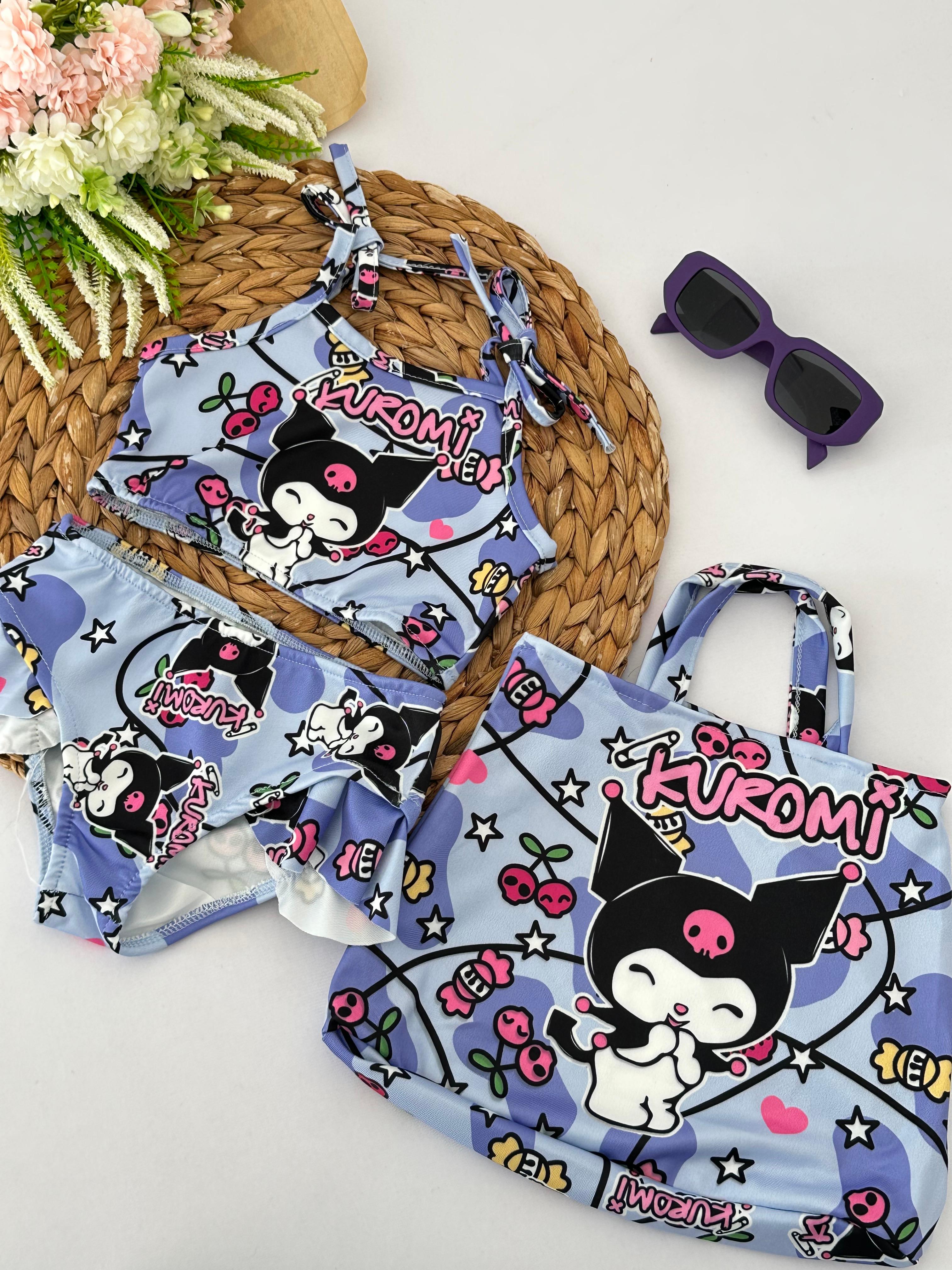 Kız Çocuk Lila Kuromi Çantalı Bikini Takımı