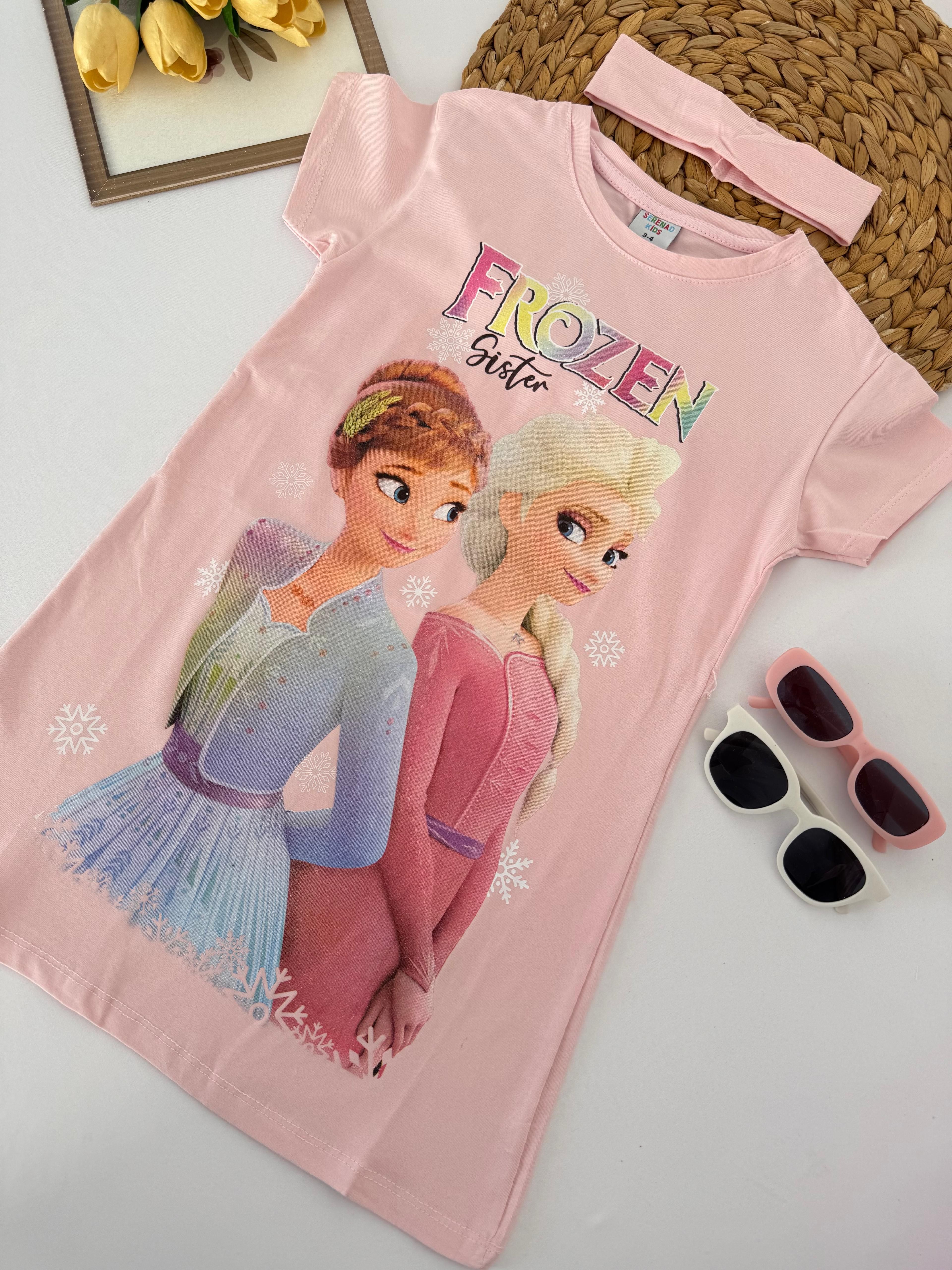 Kız Çocuk Pembe Frozen Bandanalı Tunik Elbjse