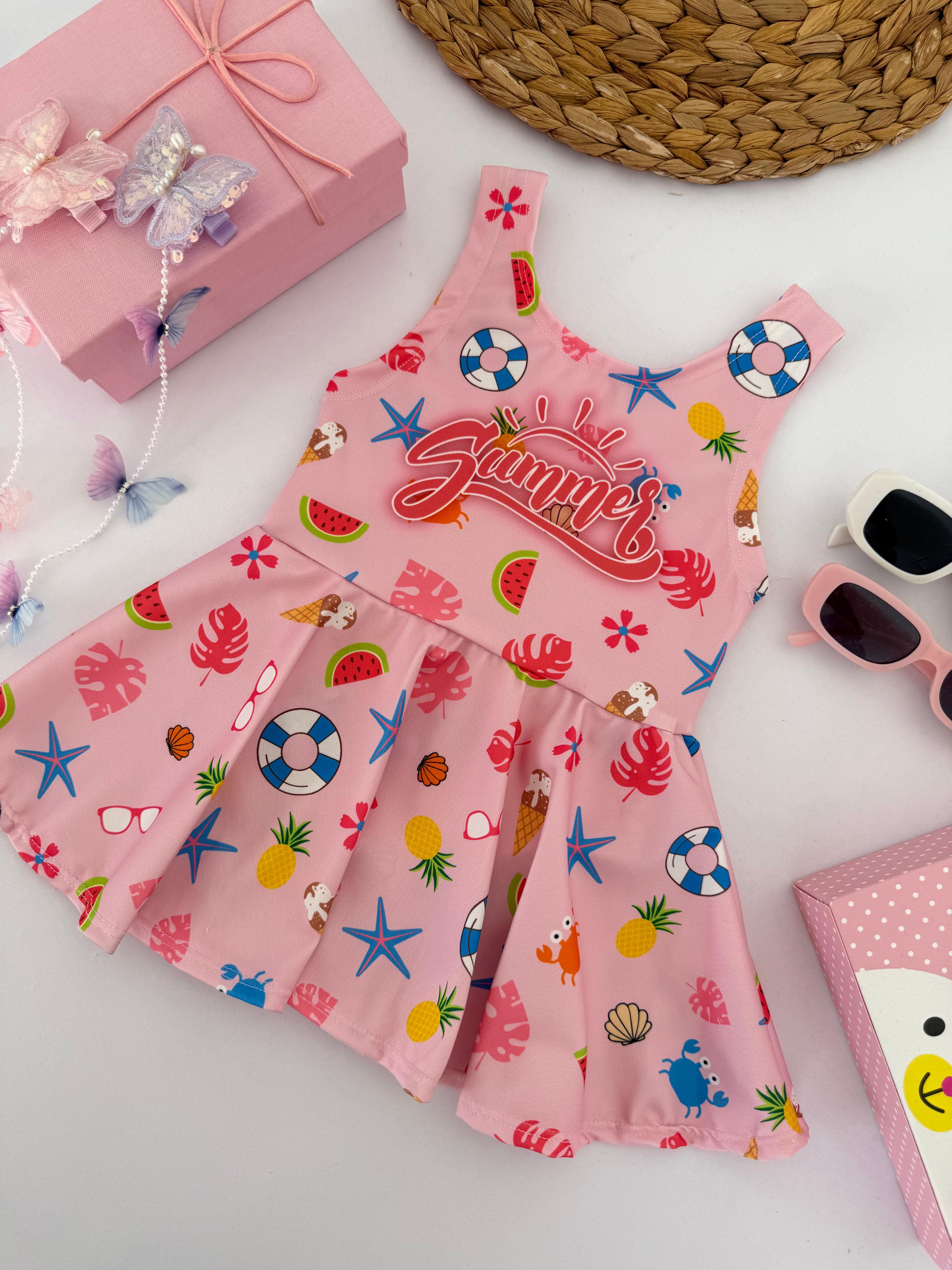 Kız Çocuk Summer Desenli Pileli Etekli Mayo