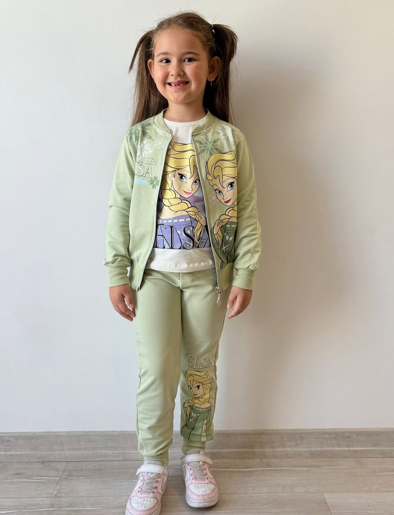 Kız Çocuk Yeşil Elsa 3’lü Fermuarlı Takım