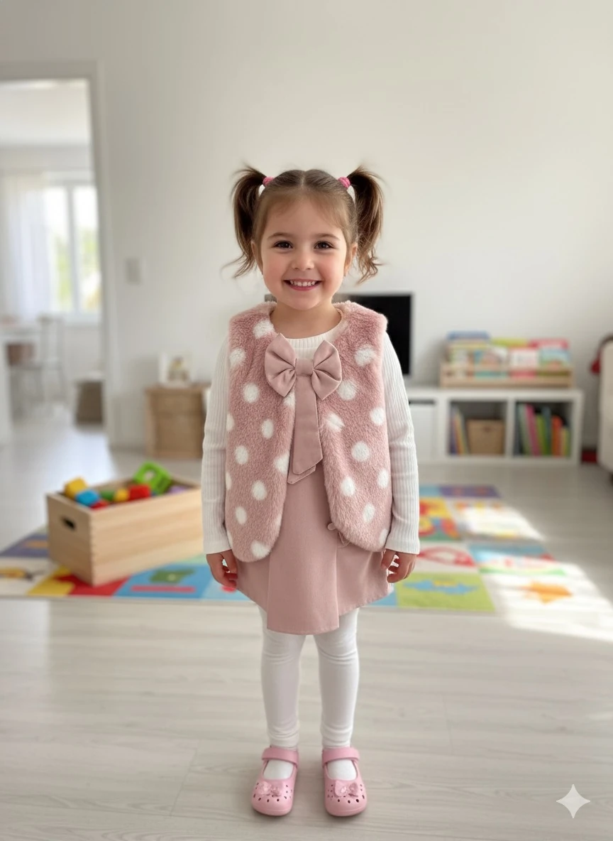 Kız Çocuk Pembe Peluş Yelek Şort Etekli Takım