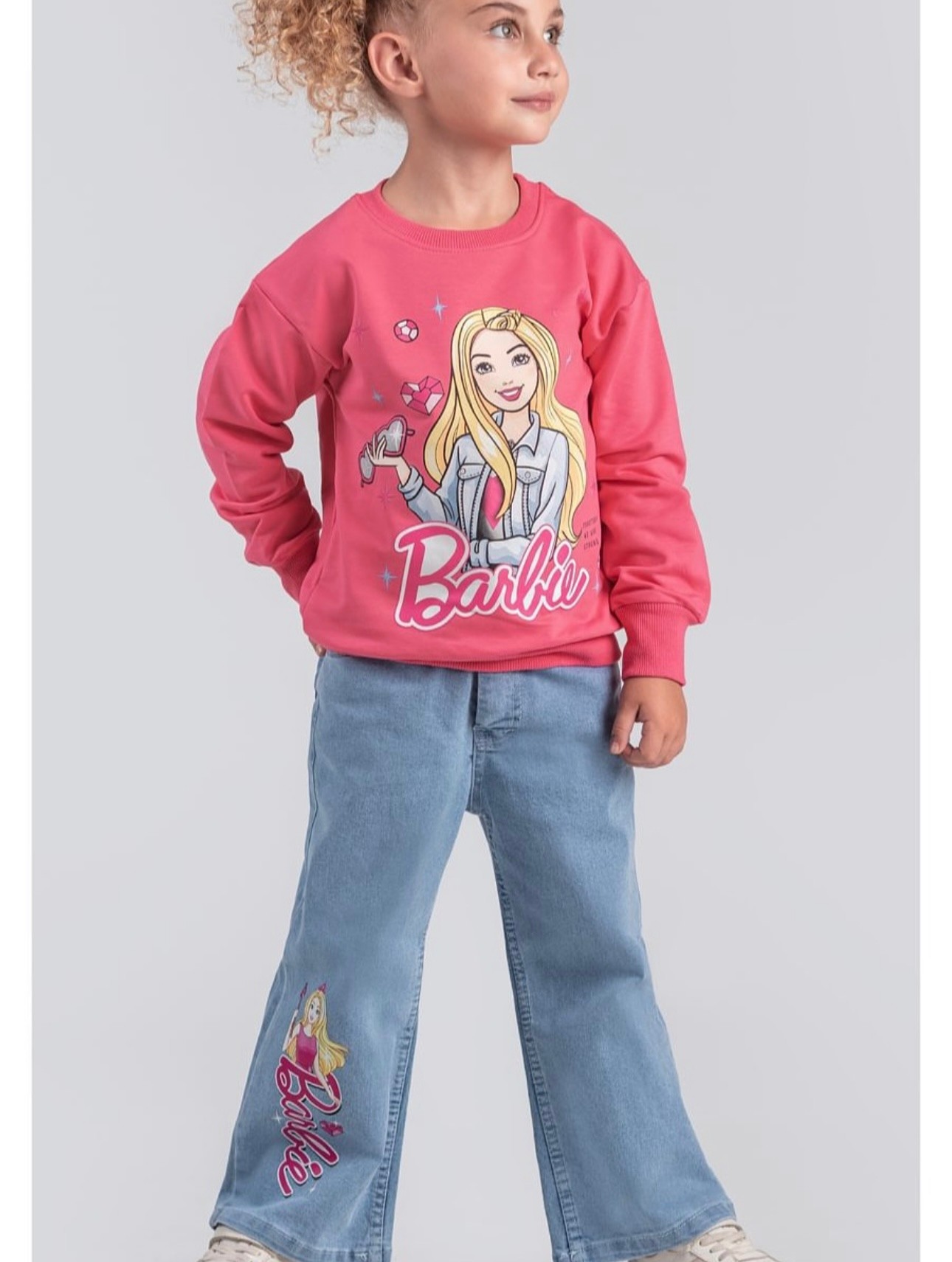 Kız Çocuk Fuşya Barbie Kot Pantolon Sweat 2’li Takım 