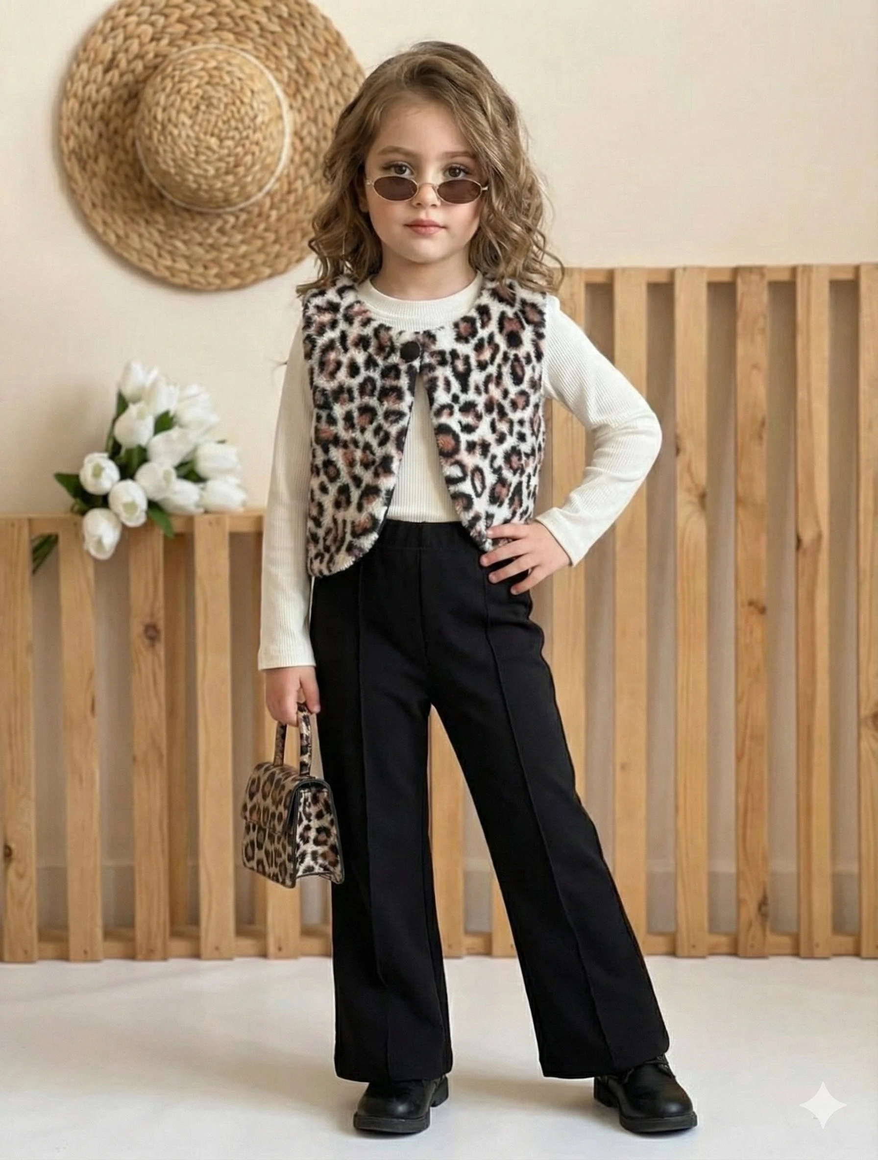 Kız Çocuk Leopar Yelekli Siyah 3'lü Takım