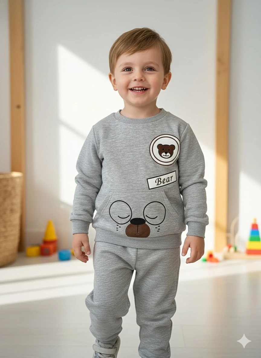 Unisex Gri Ayıcık Baskılı Takım