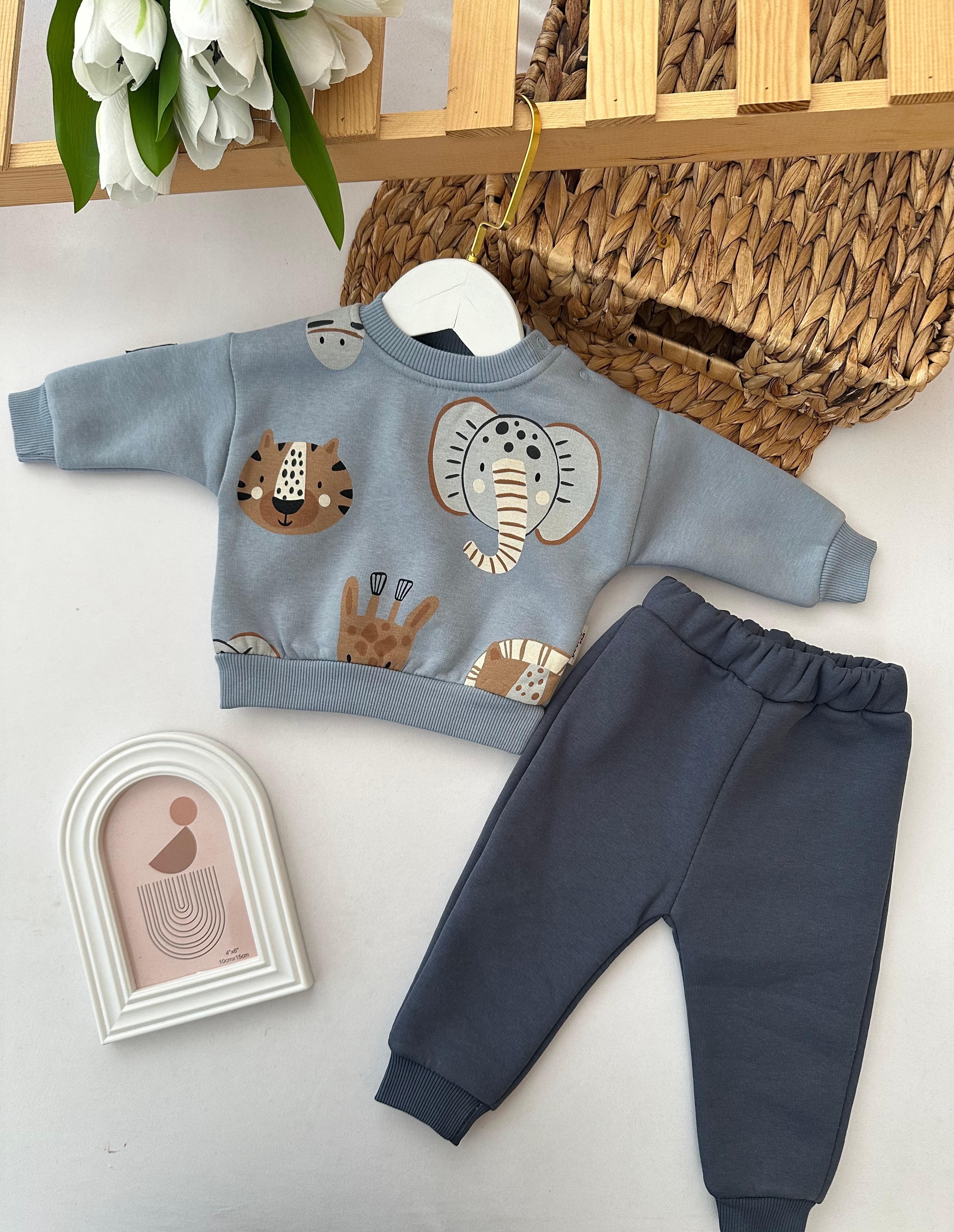 Erkek Bebek Antrasit Fil Desenli Takım