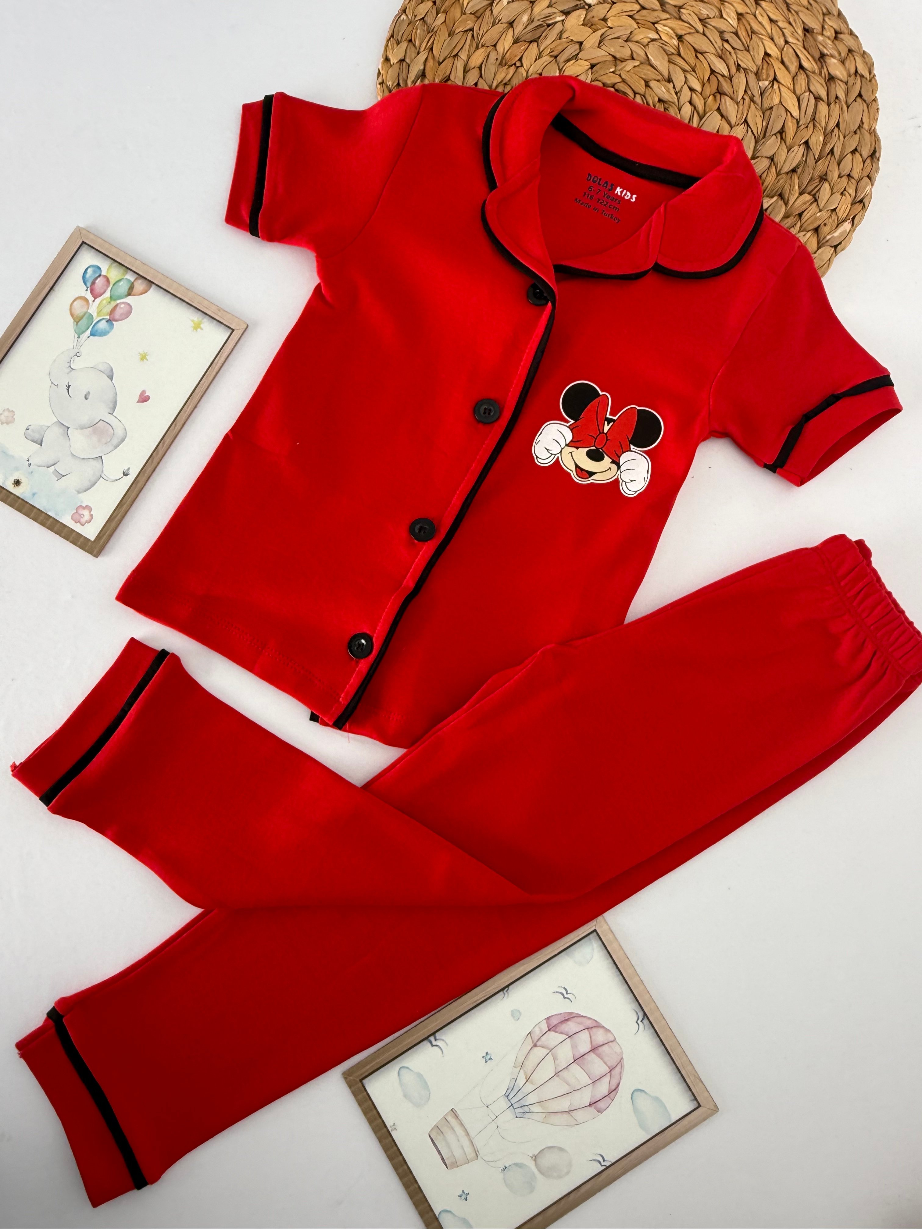Kız Çocuk Kırmızı Mickey Mouse Pamuklu Pijama Takımı