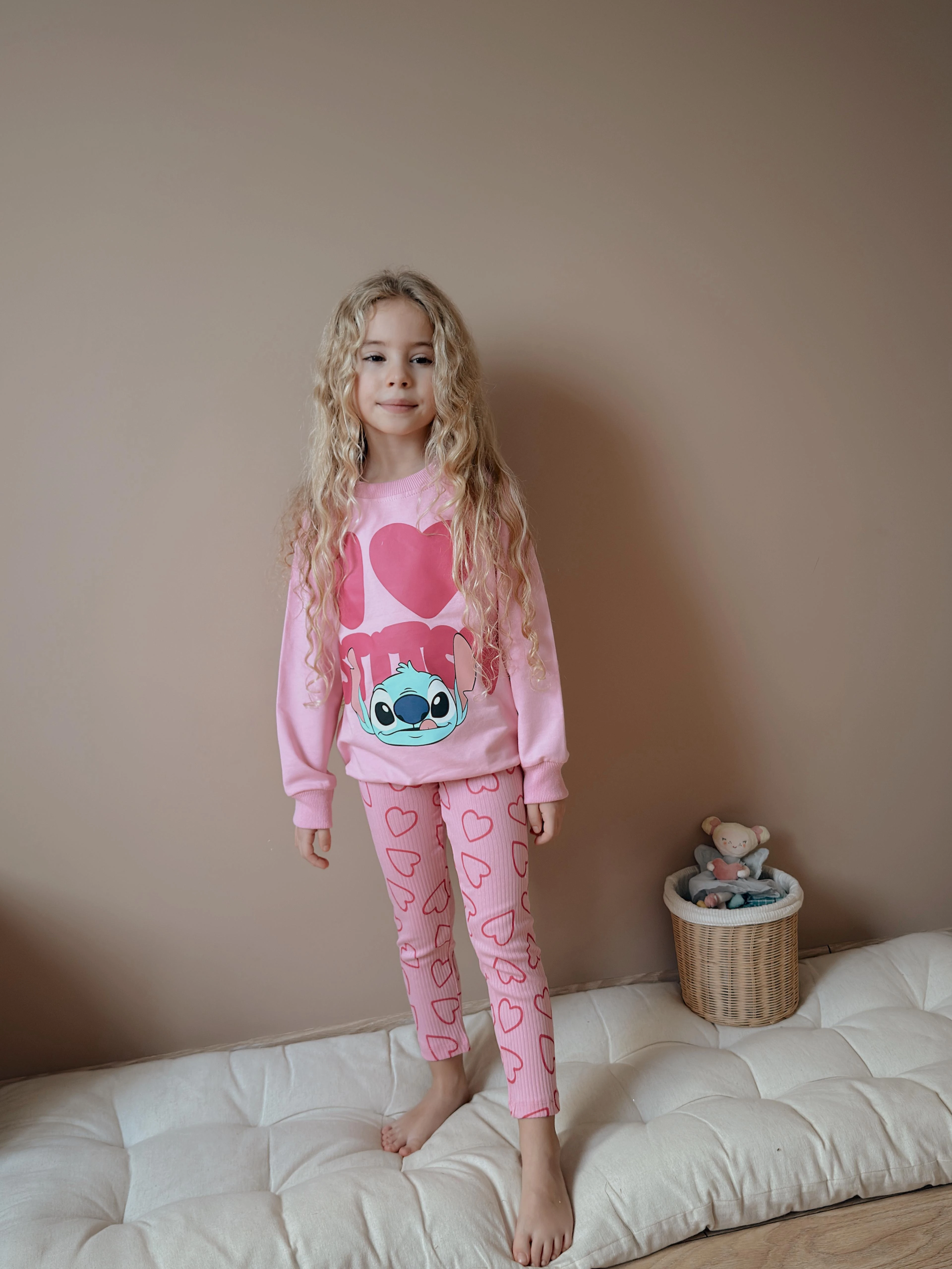 Kız Çocuk Pembe Stitch Taytlı Takım