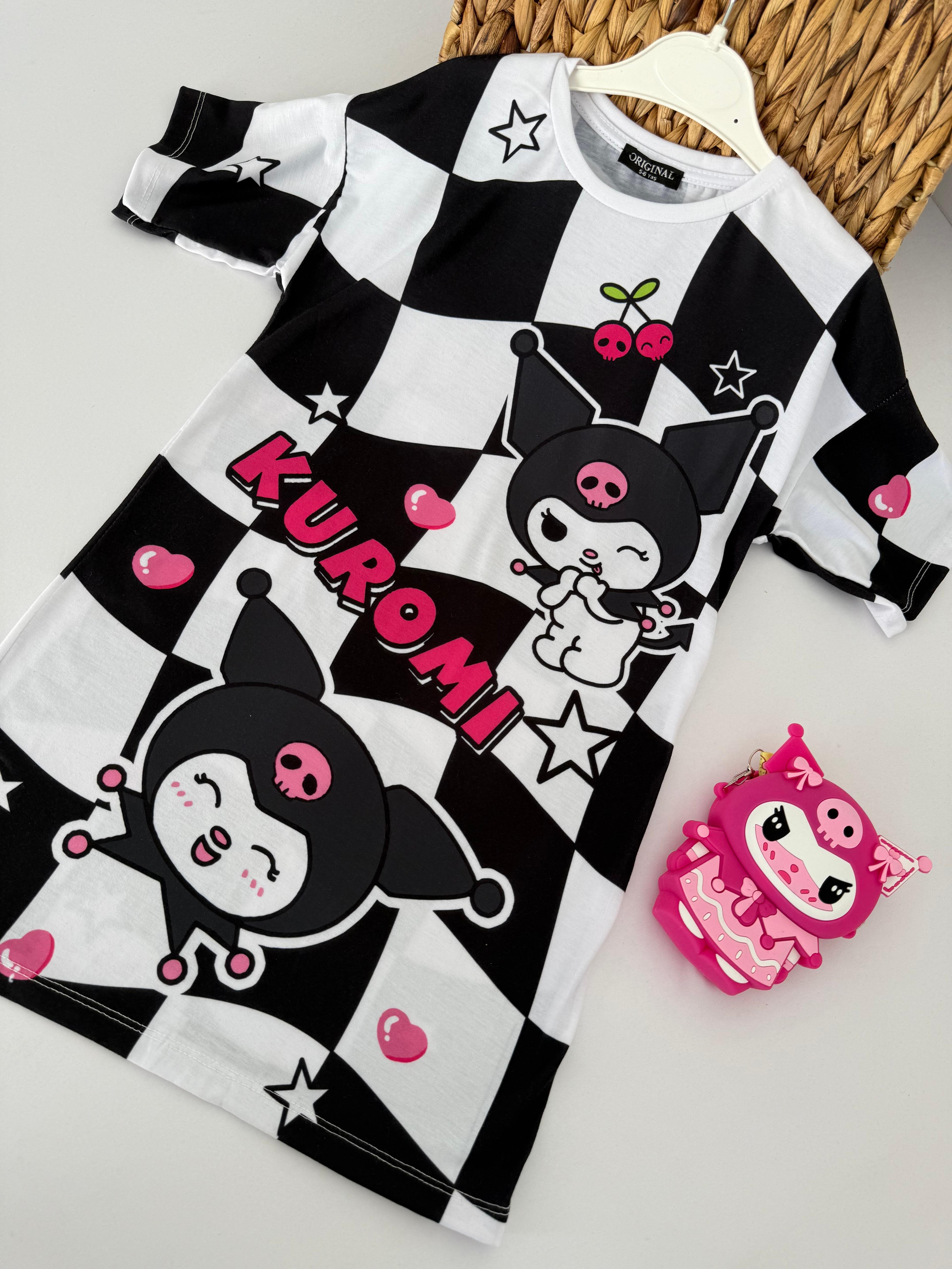 Kız Çocuk Damalı Kuromi Tunik Elbise