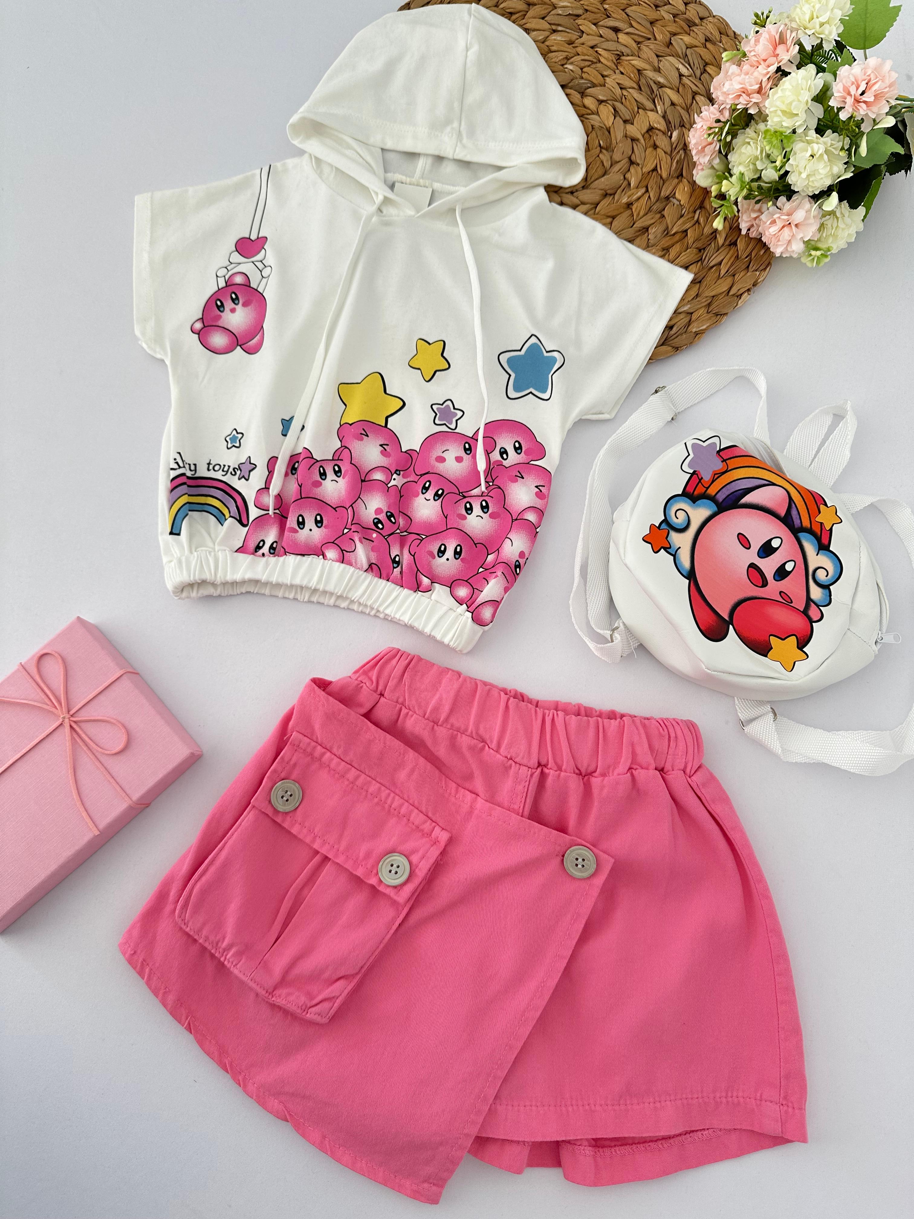 Kız Çocuk Pembe Kirby Toys Kot Etek Çanta Takım