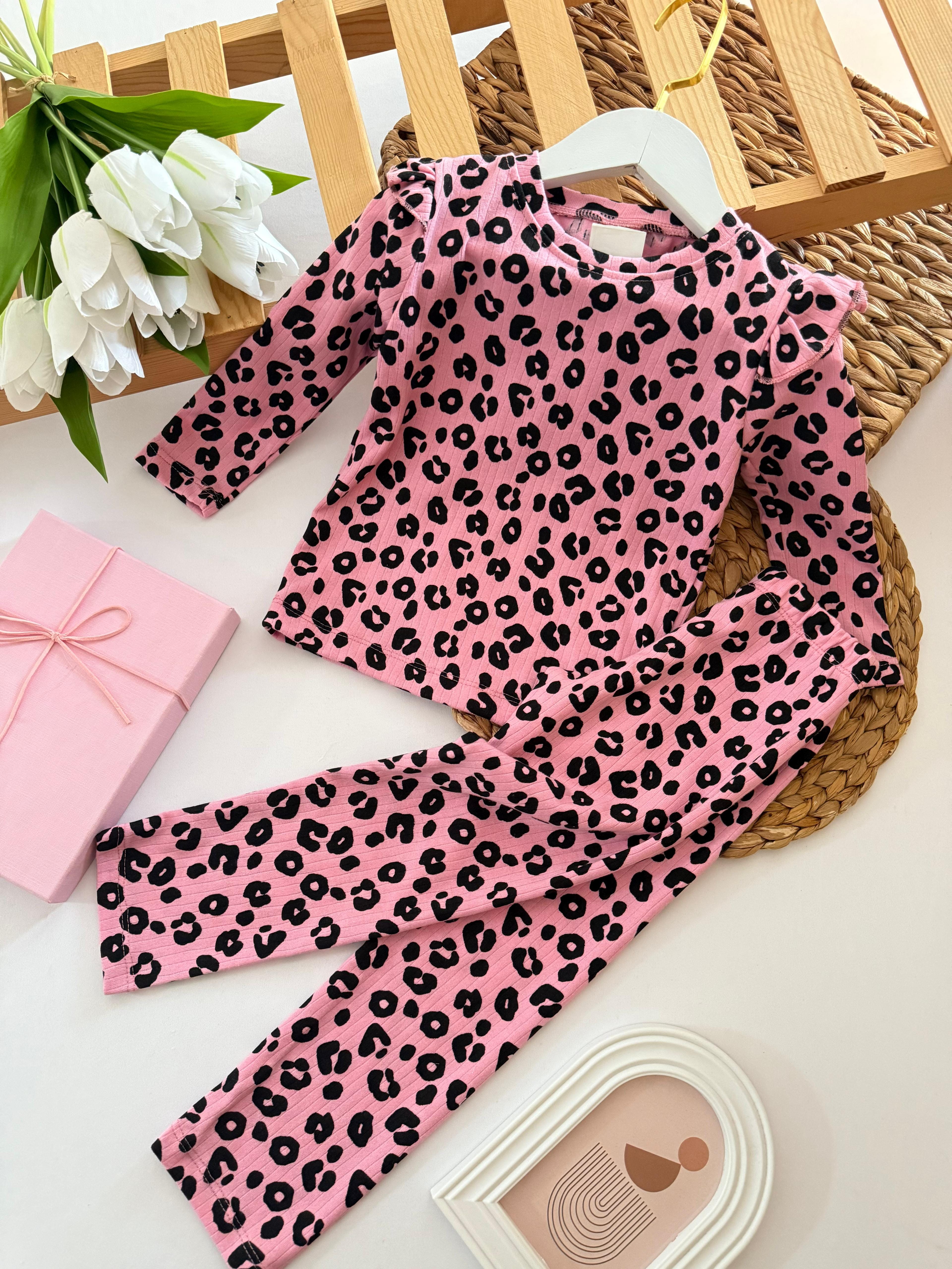 Kız Çocuk Pembe Leopar Desenli Alt-Üst Takım