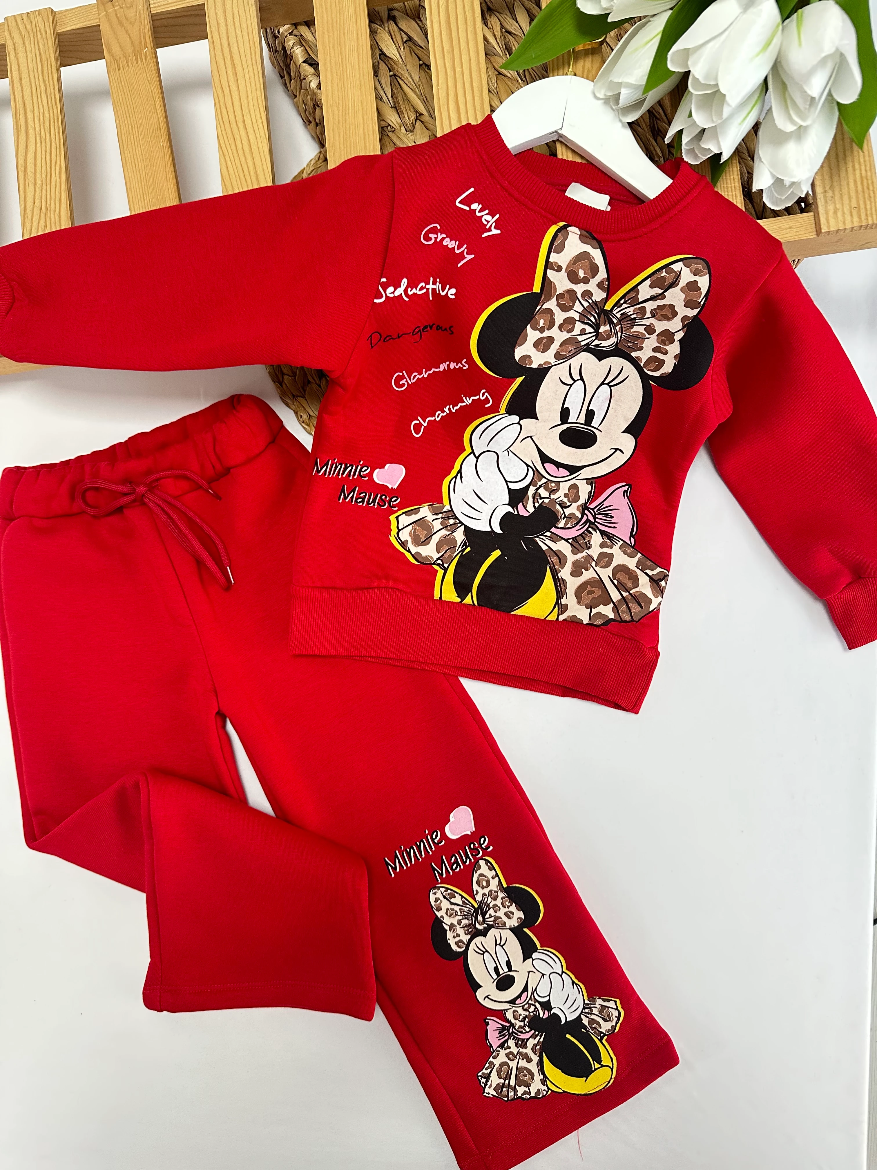 Kız Çocuk Kırmızı Miniie Baskılı Alt-Üst Takım