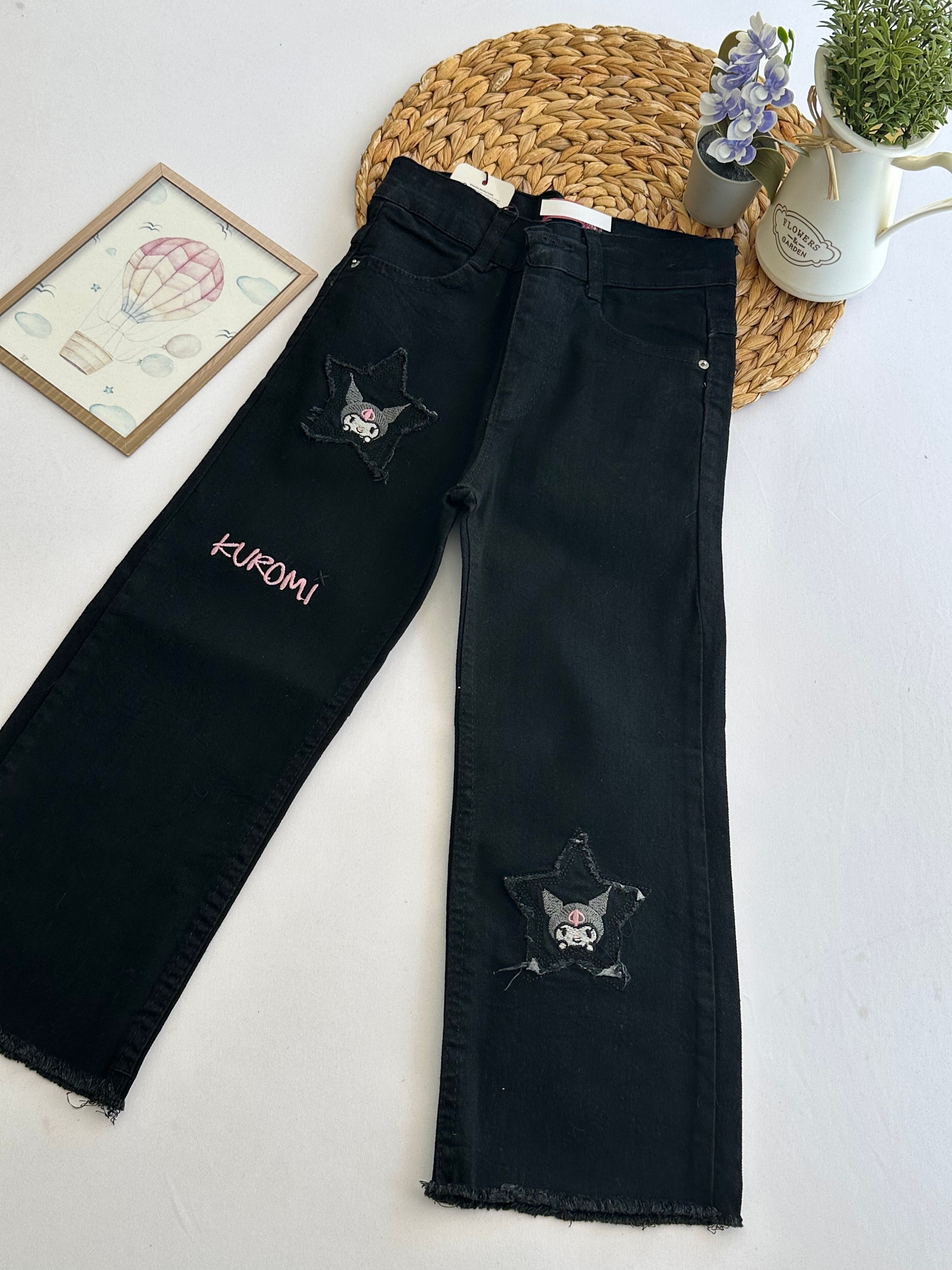 Kız Çocuk Siyah Kuromi Yıldızlı Kot Pantolon