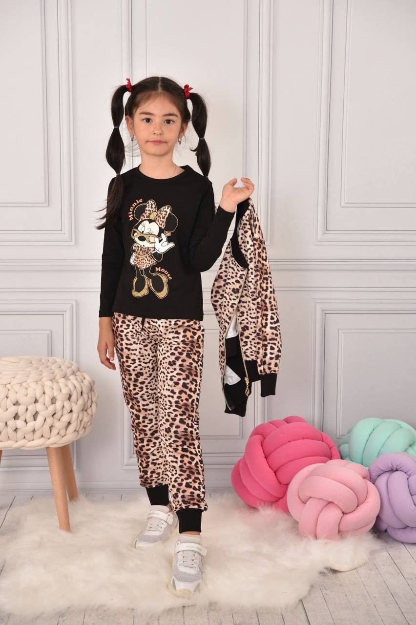 Kız Çocuk Siyah Leopar Desenli Minnie Mouse 3'lü Takım