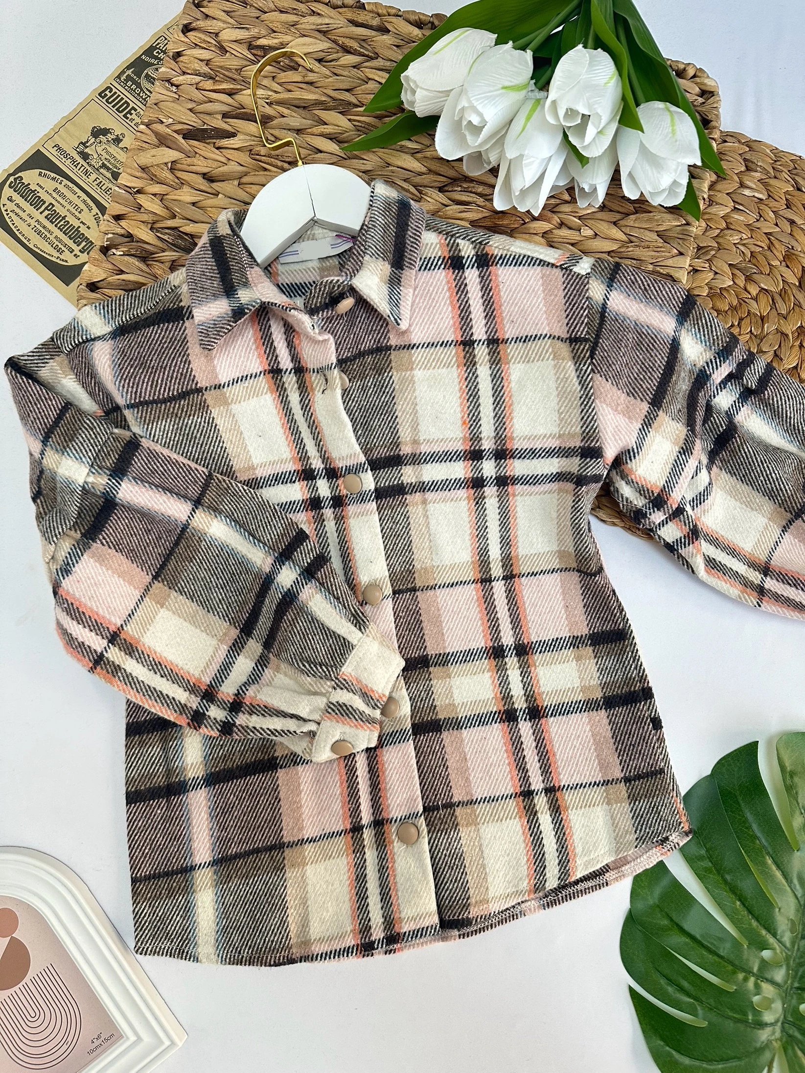 Kız Çocuk Gri Pudra Ekose Desenli Oduncu Gömlek