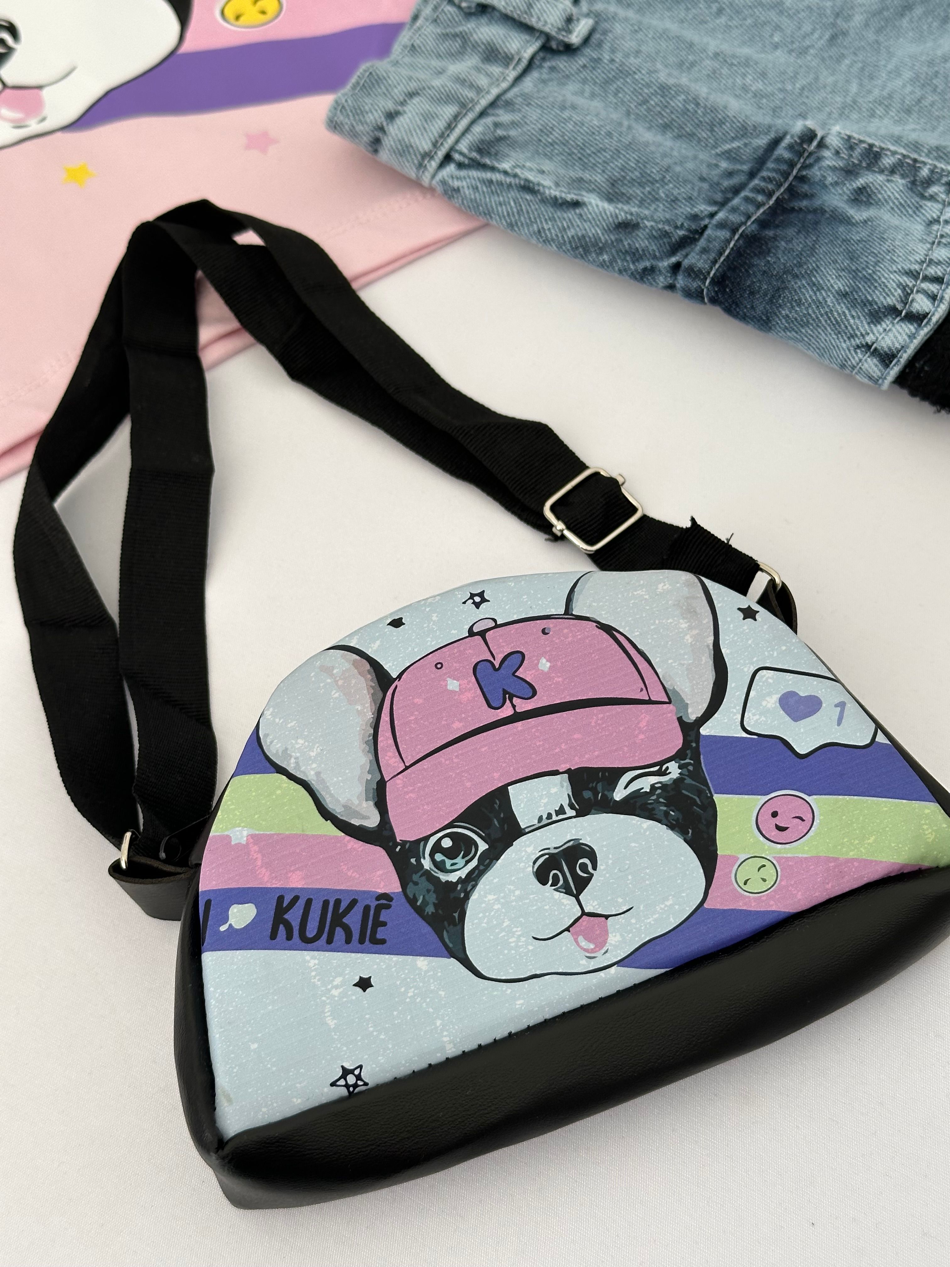 Kız Çocuk Pembe Köpek Baskılı Kot Etek Çanta Takım