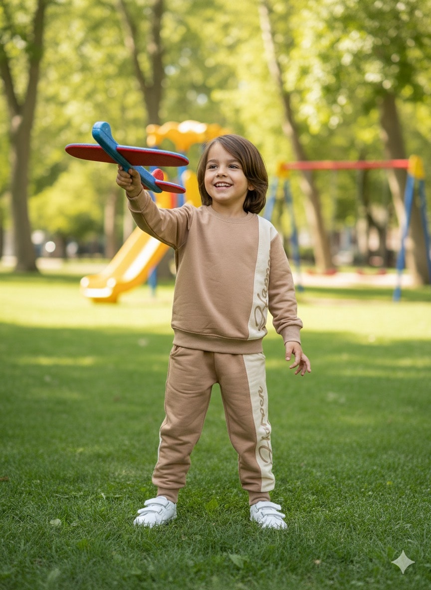 Erkek Çocuk Kahverengi Happen Desenli Takım