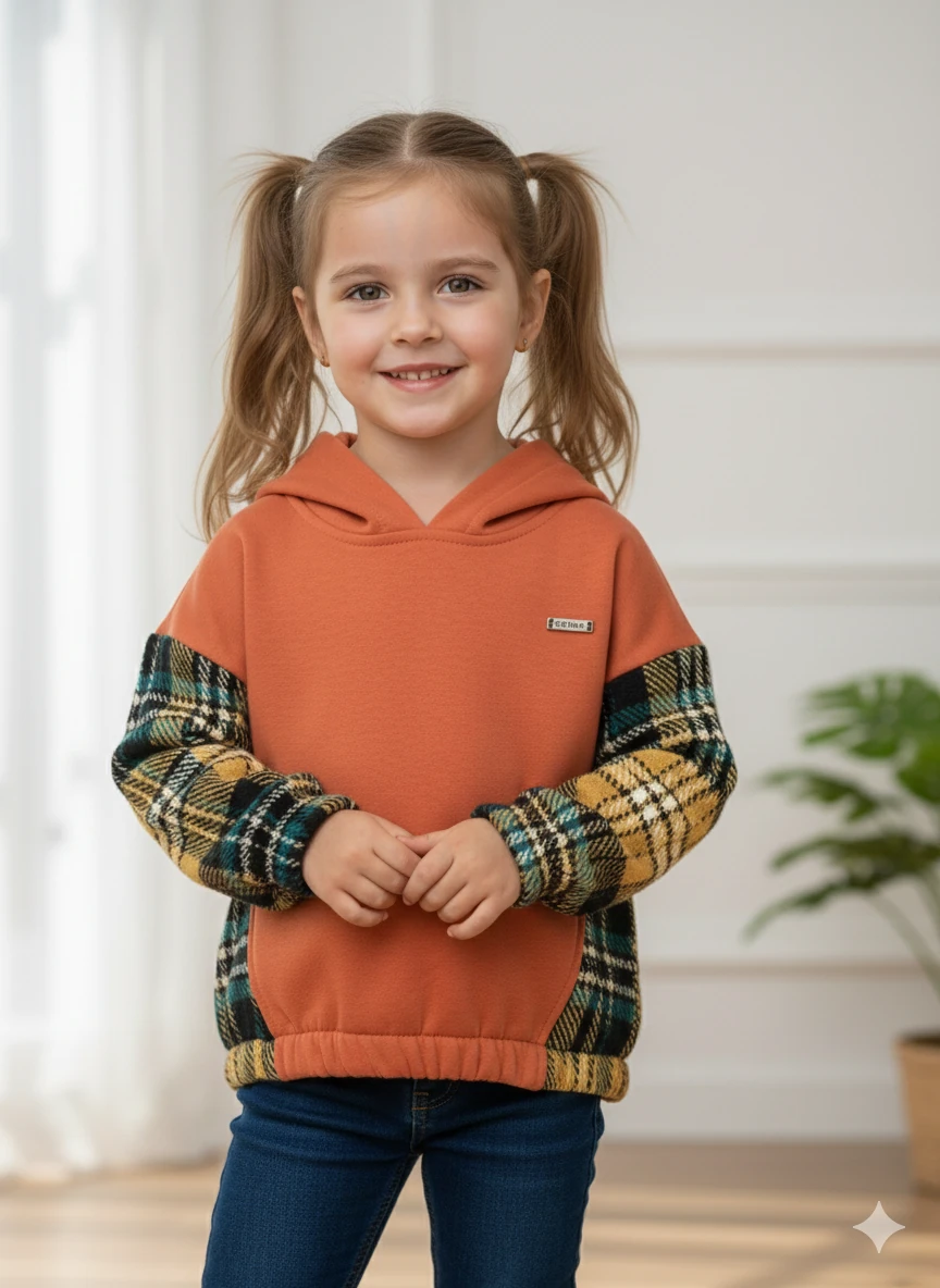 Kız Çocuk Turuncu Yanları Ekose Sweat
