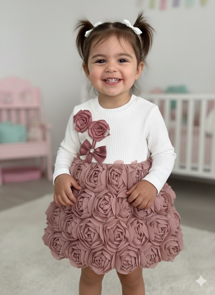 Kız Çocuk  Mürdüm Çiçek İşlemeli Kabarık Etekli Takım