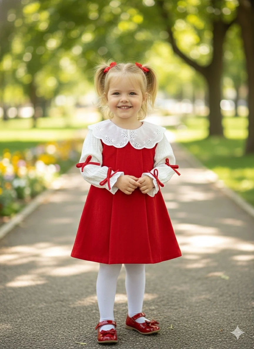 Kız Çocuk Kırmızı Bebe Yaka Kolları Fiyonk Süet Elbise