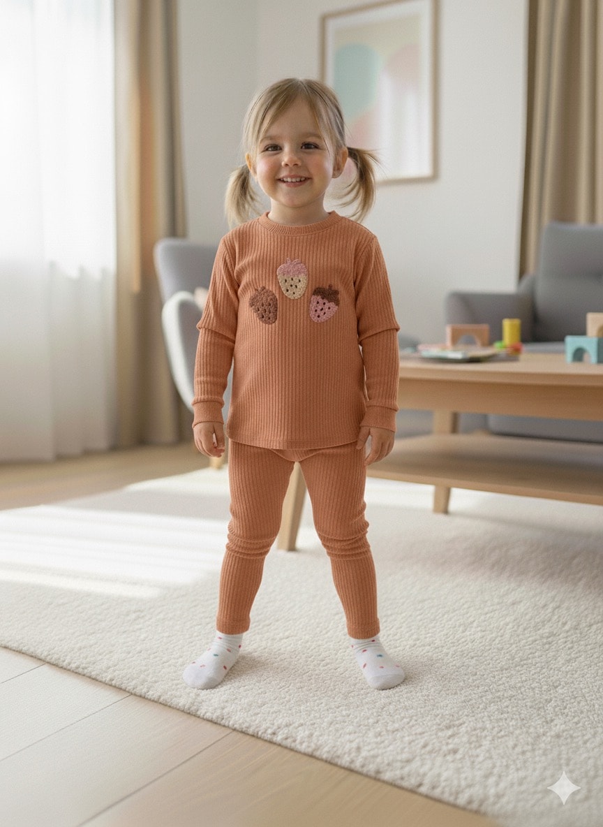 Çilek Desenli Somon Fitilli Alt-Üst Takım