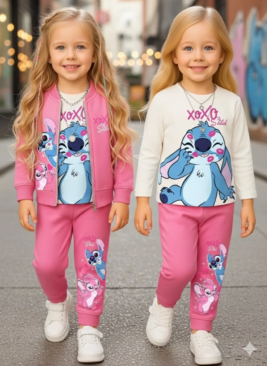 Kız Çocuk Fuşya Stitch 3'lü Takım