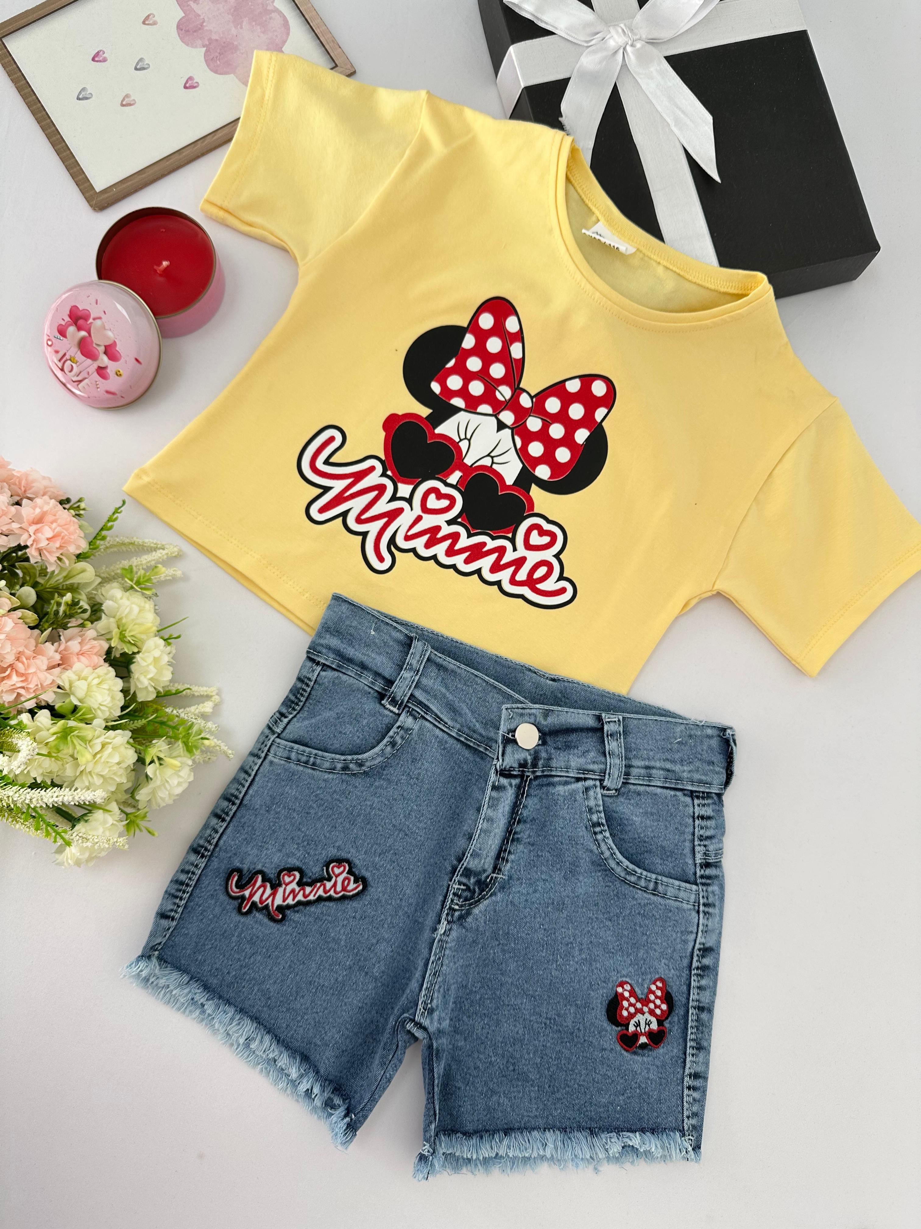Kız Çocuk Sarı Minnie Mouse Desenli Kot Şortlu Takım