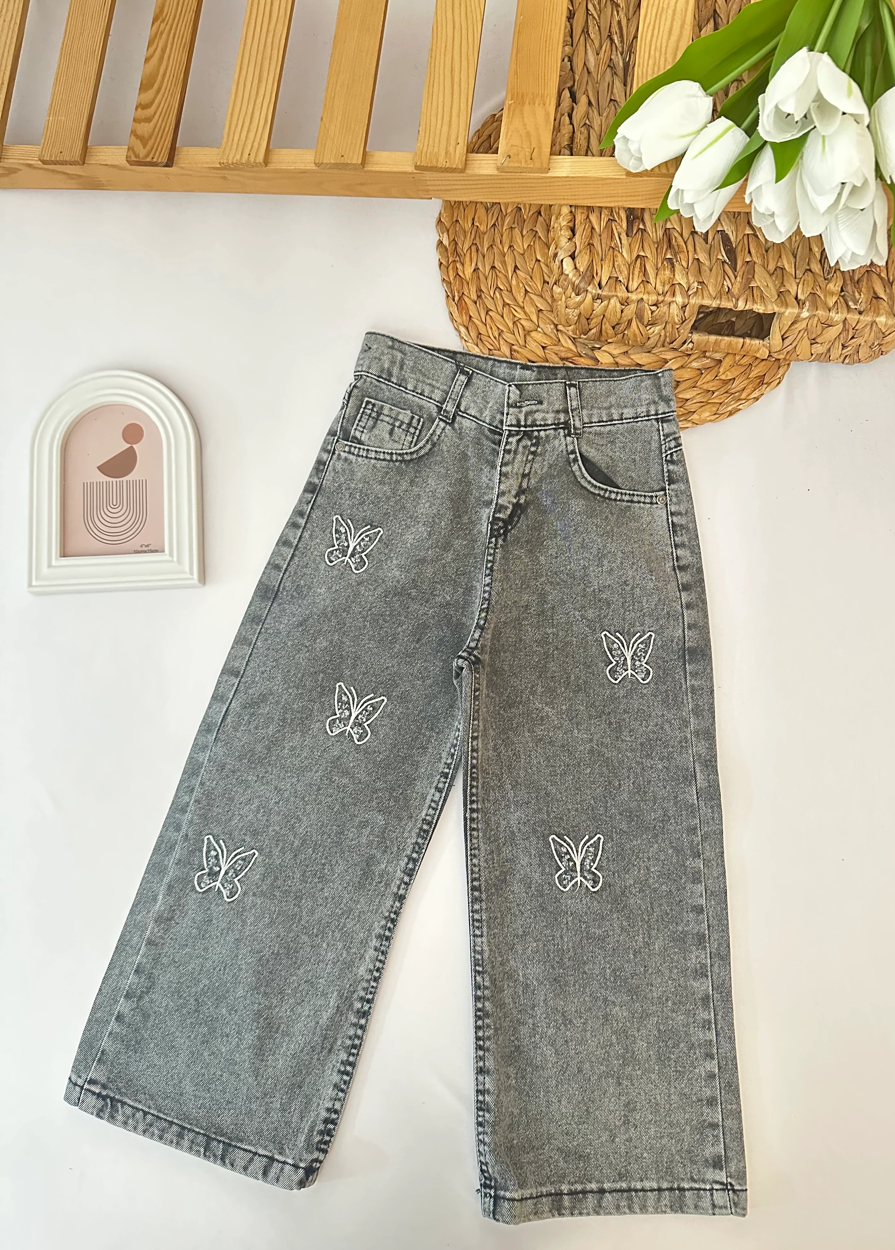 Kız Çocuk Kelebek Nakışlı Gri  Kot Pantolon