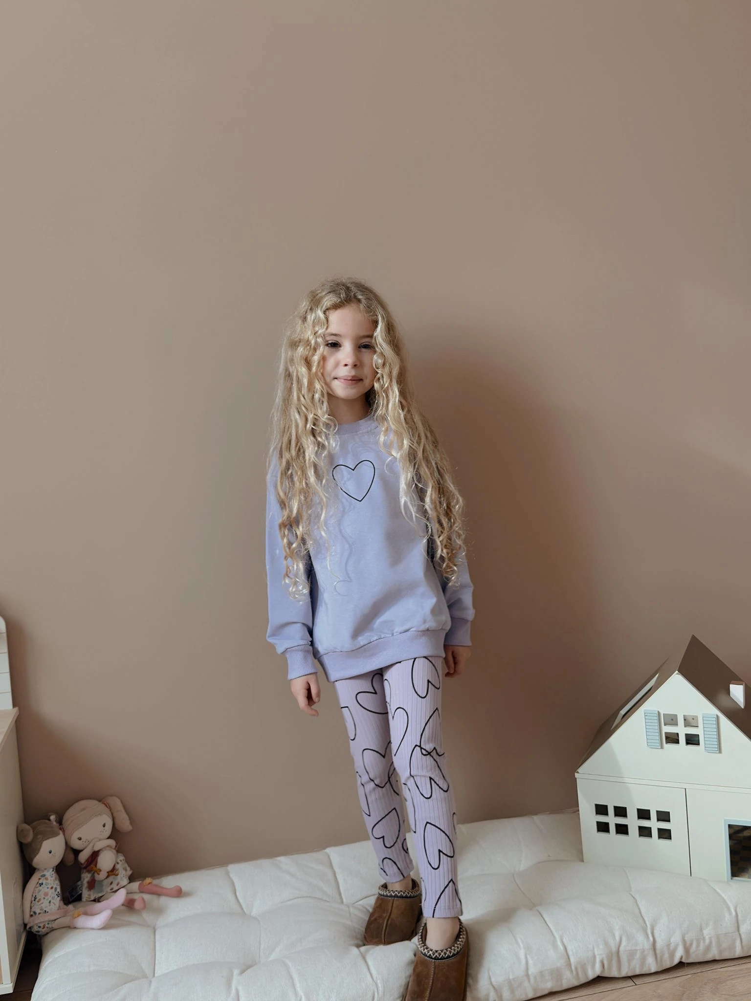 Kız Çocuk Mor Kalp Desenli Taytlı Takım