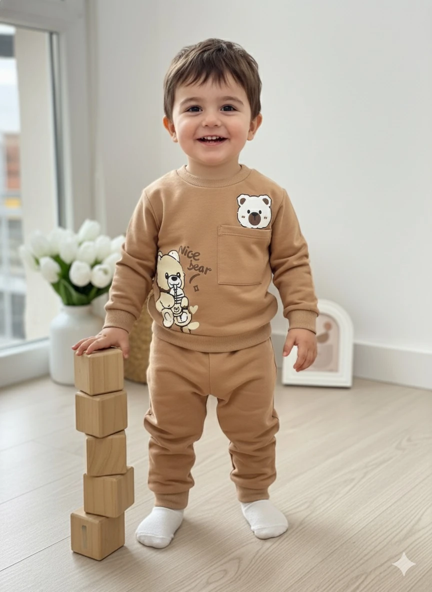 Erkek Çocuk Kahverengi  Cepli Ayıcık Takım