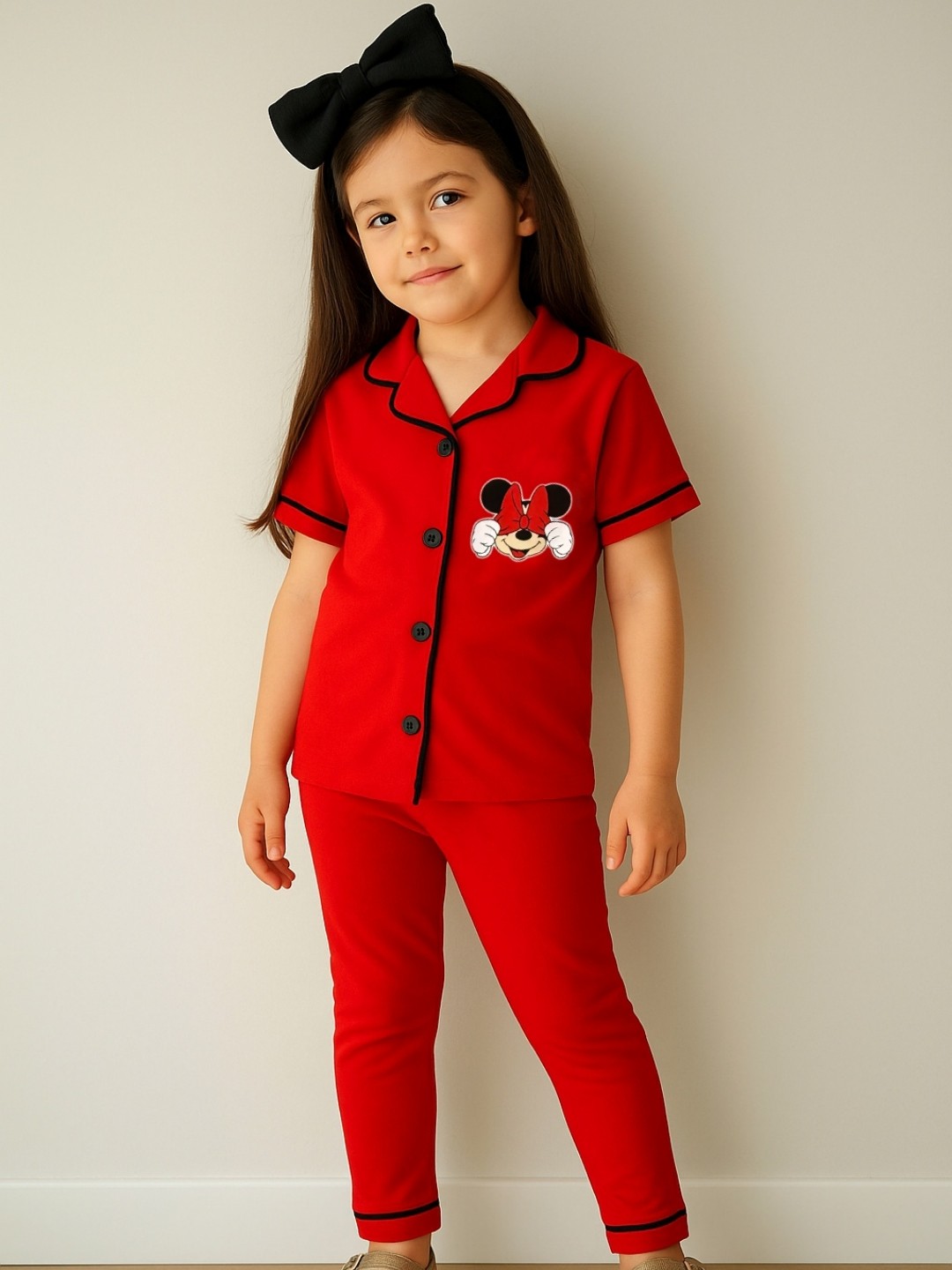 Kız Çocuk Kırmızı Mickey Mouse Pamuklu Pijama Takımı