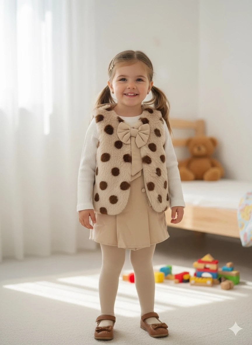 Kız Çocuk Bej Peluş Yelek Şort Etekli Takım