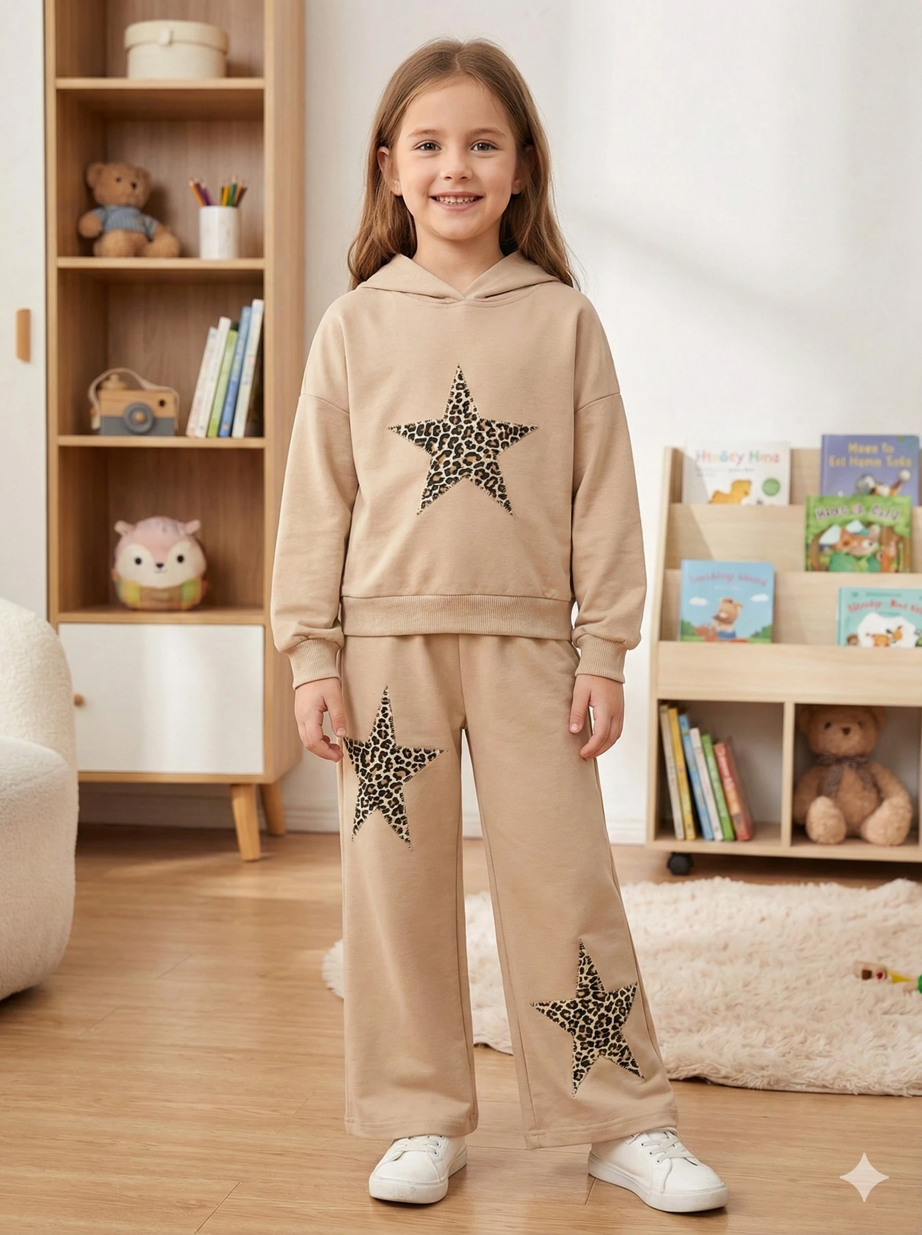 Kız Çocuk Bej Kapüşonlu Leopar Yıldızlı Takım