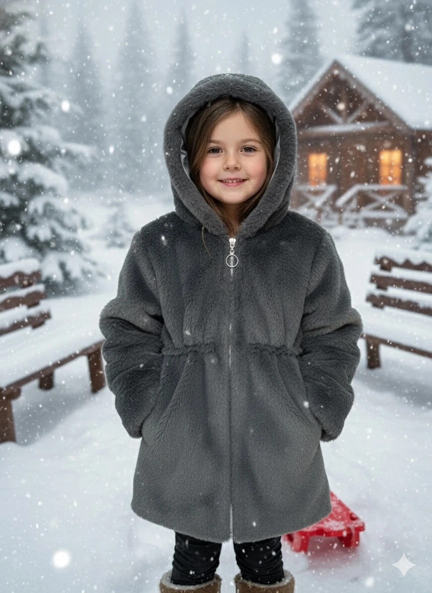 Kız Çocuk Antrasit  Peluş Kürk Mont