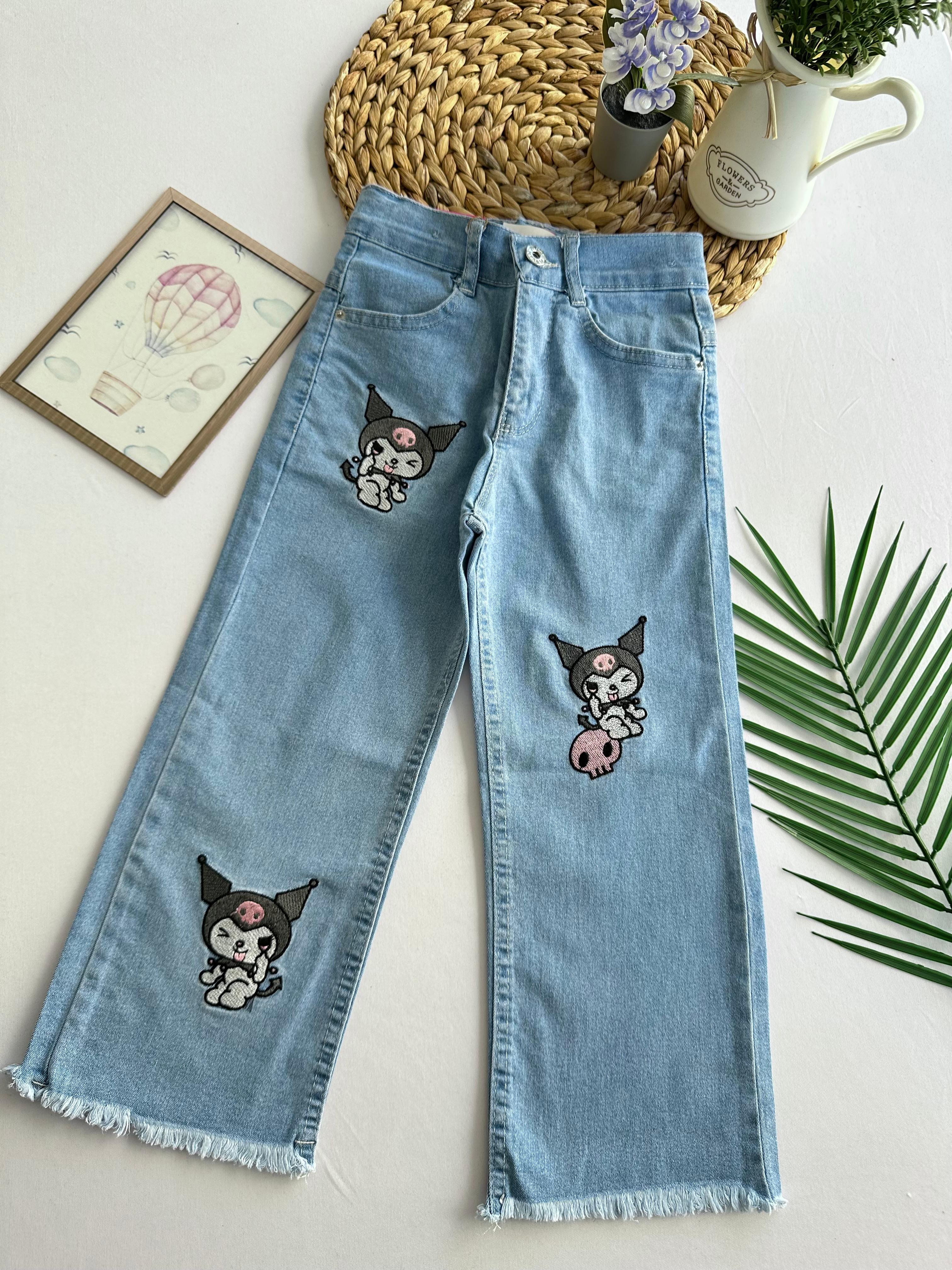 Kız Çocuk Mavi Kuromi Nakışlı Kot Pantolon