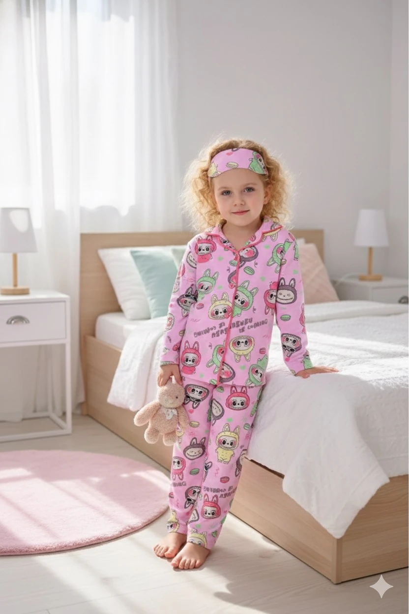 Kız Çocuk Pembe Labubu Desenli Uyku Bandı Hediyeli Pijama Takımı